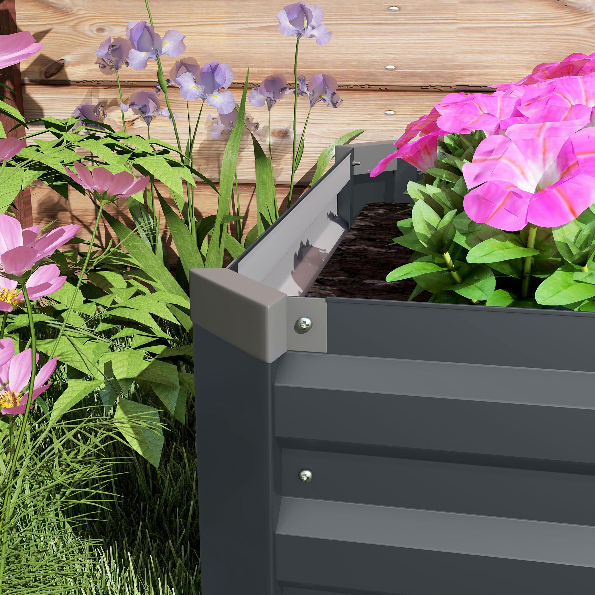 Rectangular raised garden bed, galvanized steel planter, open bottom, planter with protective corners, 240 x 60 x 30 cm, dark gray