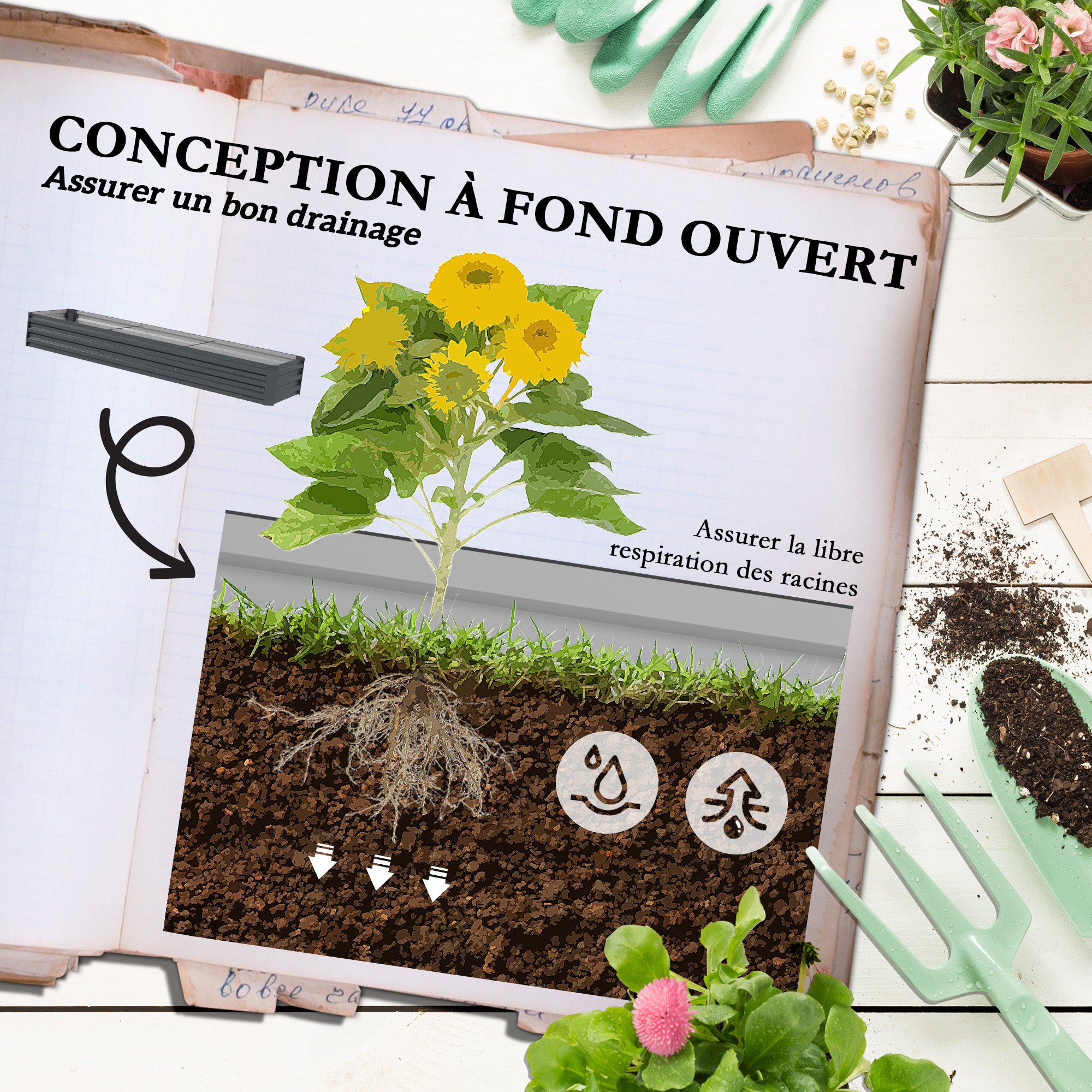 Rectangular raised garden bed, galvanized steel planter, open bottom, planter with protective corners, 240 x 60 x 30 cm, dark gray