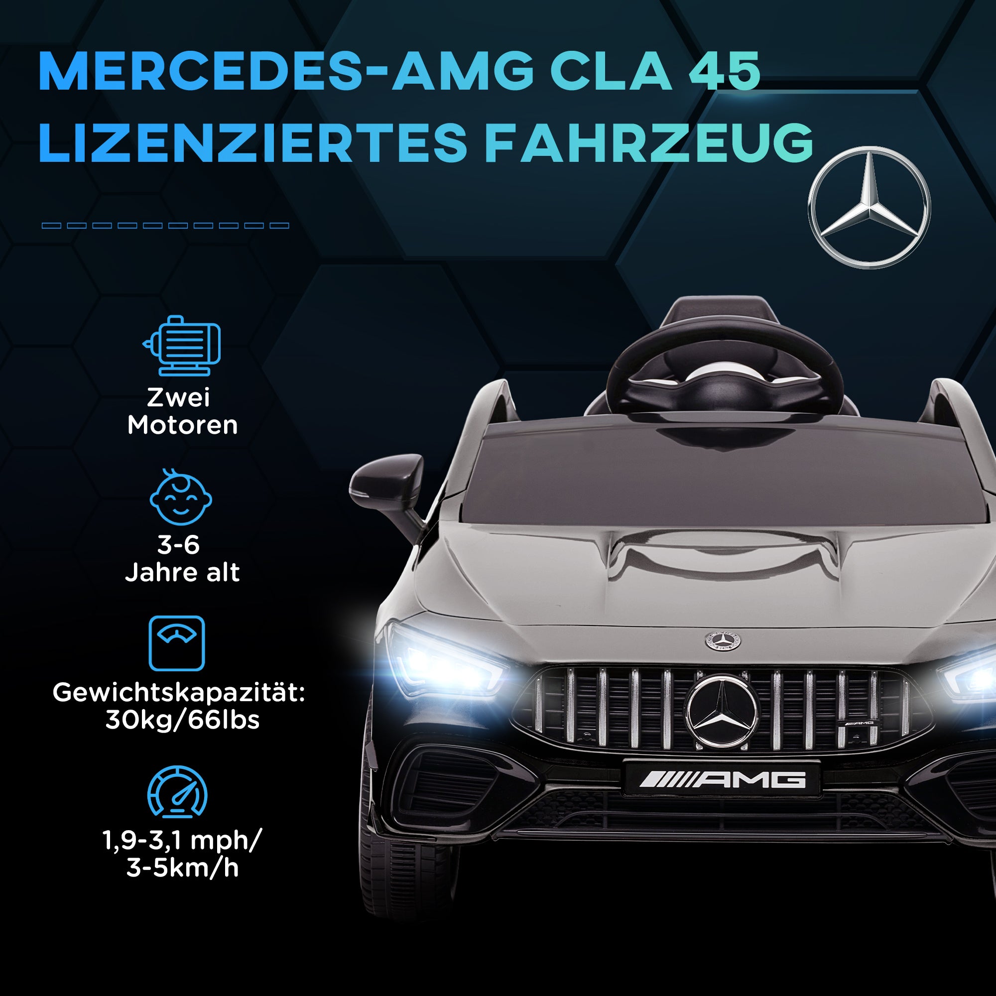 Children's Electric Car Mercedes-benz AMG CLA 45, 12V Kids Car with 2.4GHz Remote Control, Music, Electric Vehicle with Light, USB/MP3 Connection, Kids Vehicle with Horn, for 3-6 Years, Black