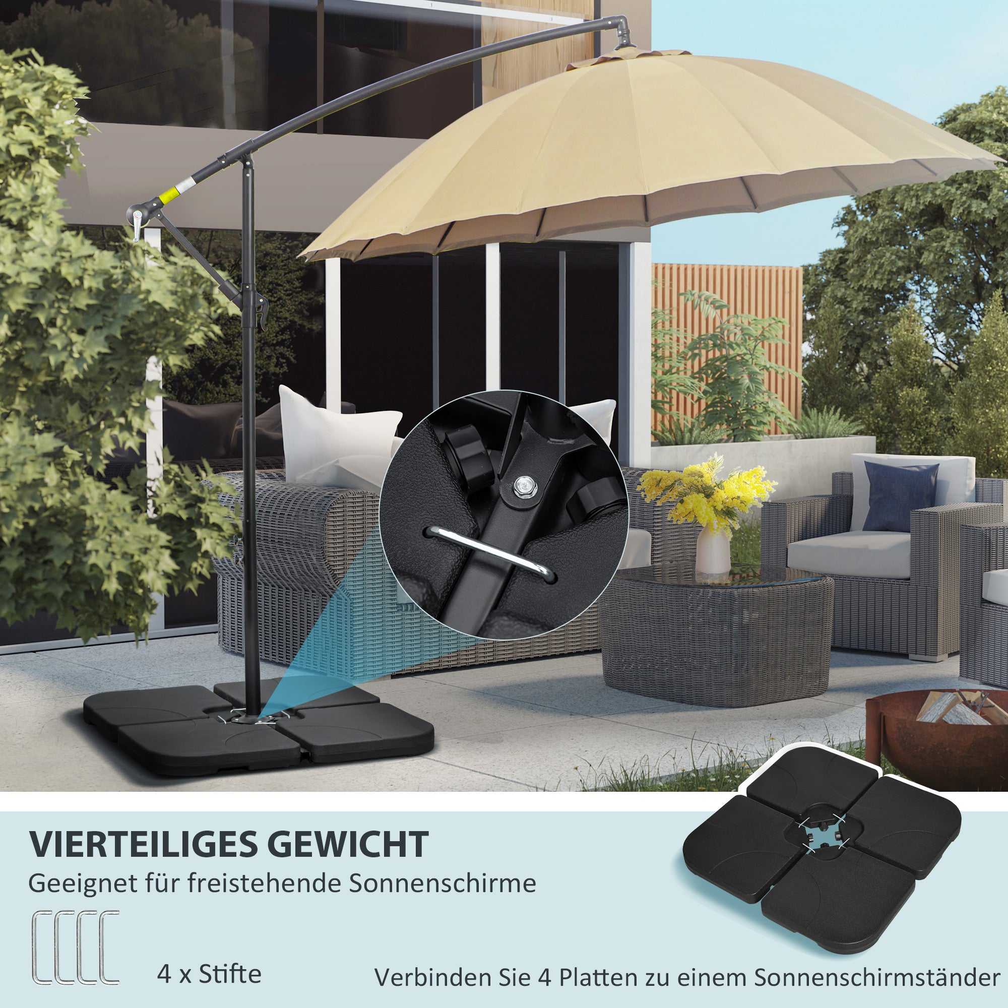 Umbrella Weight 4-Piece Set, Fillable with 60 liters of water/ 78 kg of sand, Market Umbrella Base, Base for Cantilever Umbrella, HDPE, Black