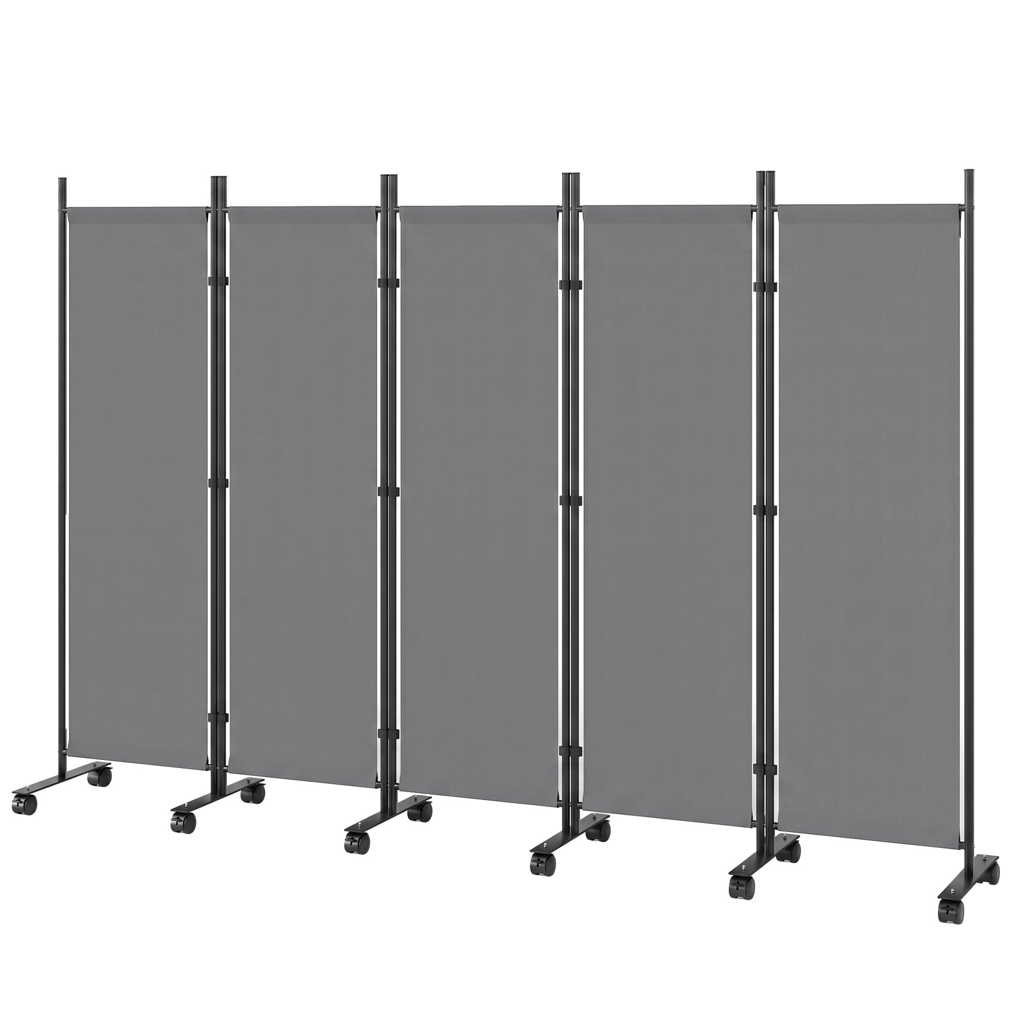 5-Panel Room Divider 99 x 16 x 67 in — Freestanding Folding Privacy Screen with 12 Wheels, Metal Frame, Water-Resistant Polyester, Dark Gray (Indoor/Covered Outdoor)