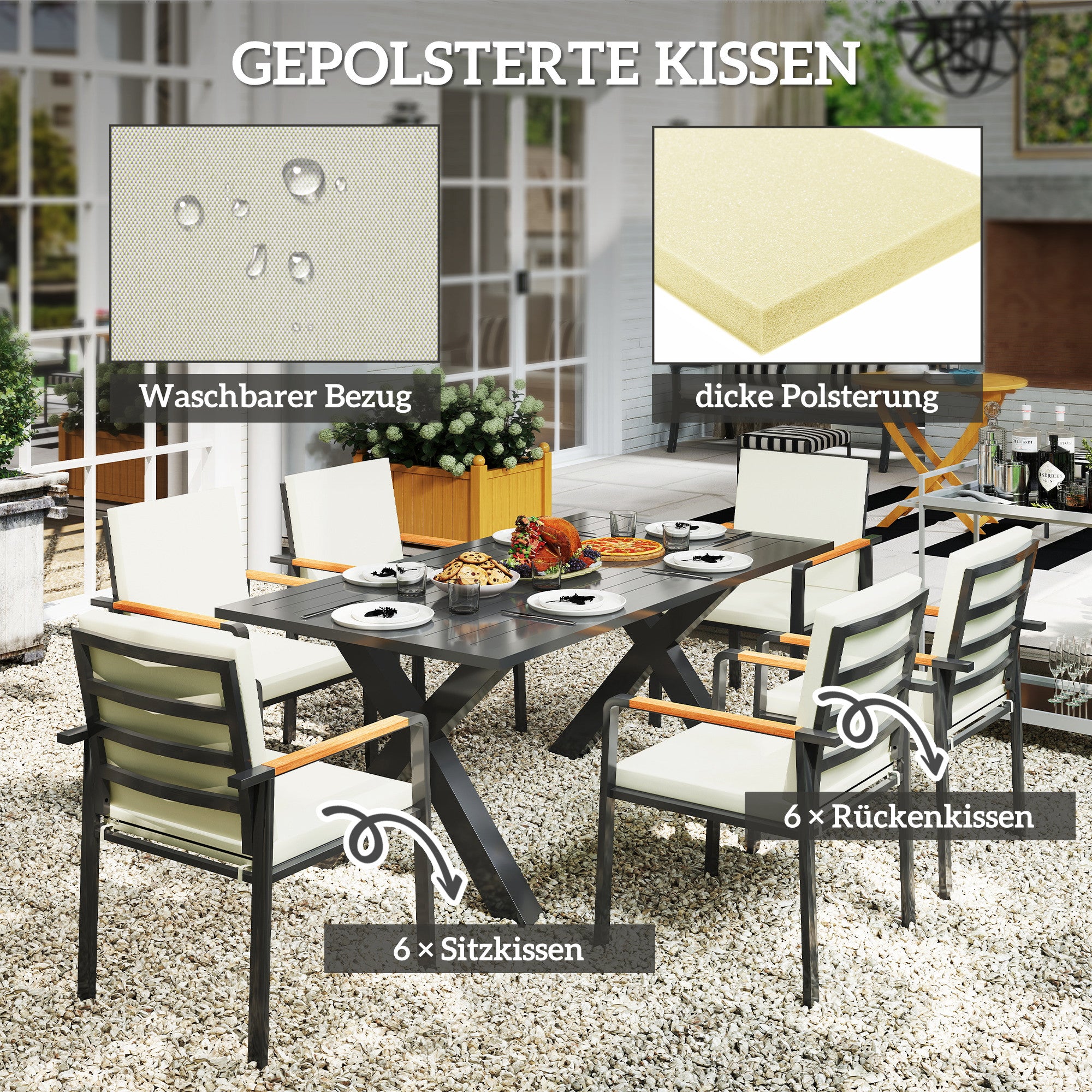 7-Piece Patio Set Dining Group Balcony Furniture 1 Table + 6 Chairs Patio Furniture Set Seating Group with Cushions Weatherproof Aluminum Frame Black + Gray