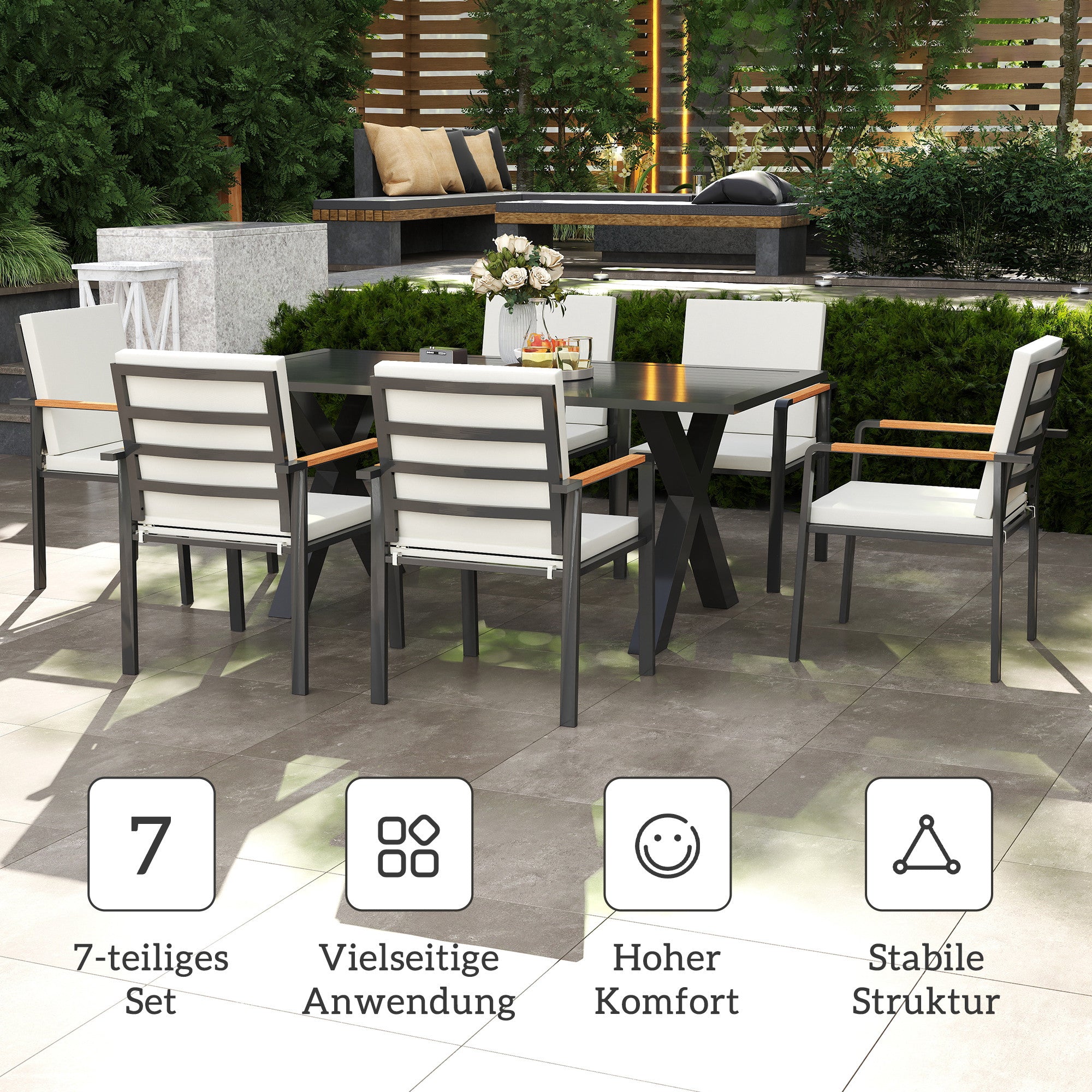 7-Piece Patio Set Dining Group Balcony Furniture 1 Table + 6 Chairs Patio Furniture Set Seating Group with Cushions Weatherproof Aluminum Frame Black + Gray