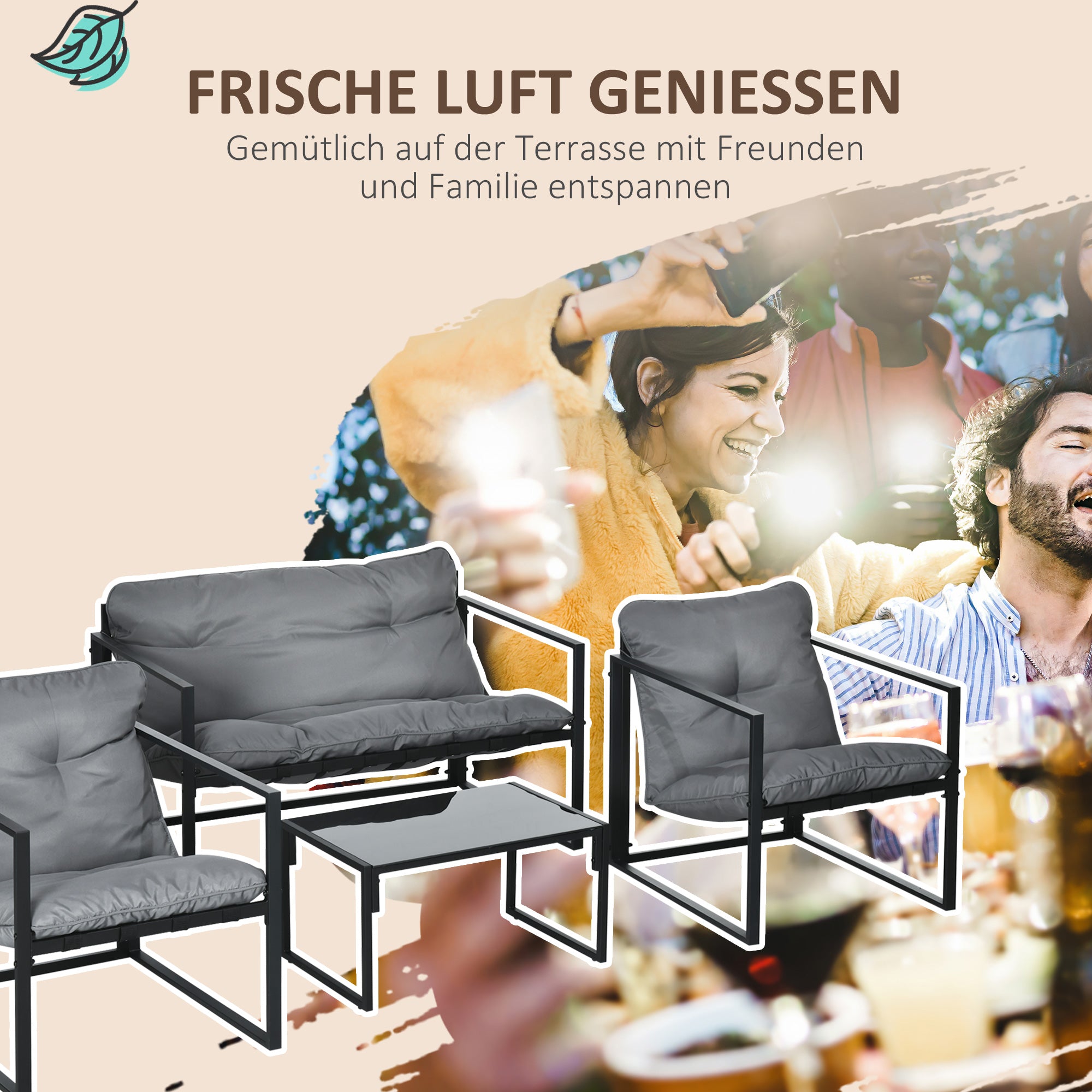 Garden Furniture Set 4 Persons Steel Weatherproof Balcony Furniture Set with 2-Seater Sofa, Armchair Glass Table Seat Cushions Outdoor Seating Group Patio Furniture Garden Set for Garden Terrace Balcony Gray+Black