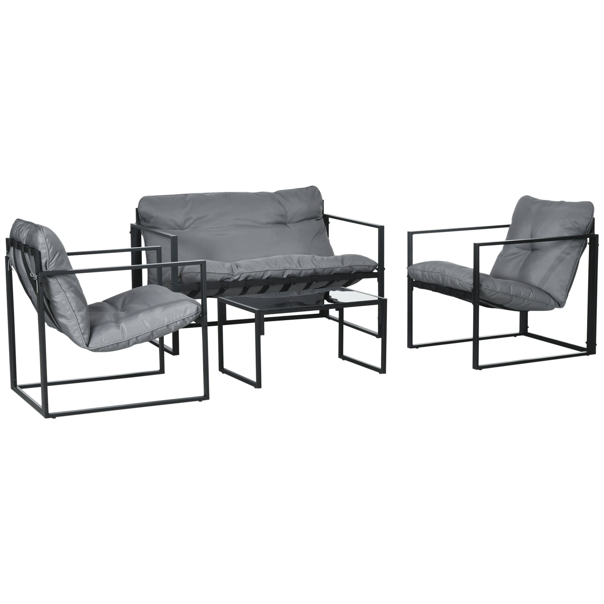 Garden Furniture Set 4 Persons Steel Weatherproof Balcony Furniture Set with 2-Seater Sofa, Armchair Glass Table Seat Cushions Outdoor Seating Group Patio Furniture Garden Set for Garden Terrace Balcony Gray+Black