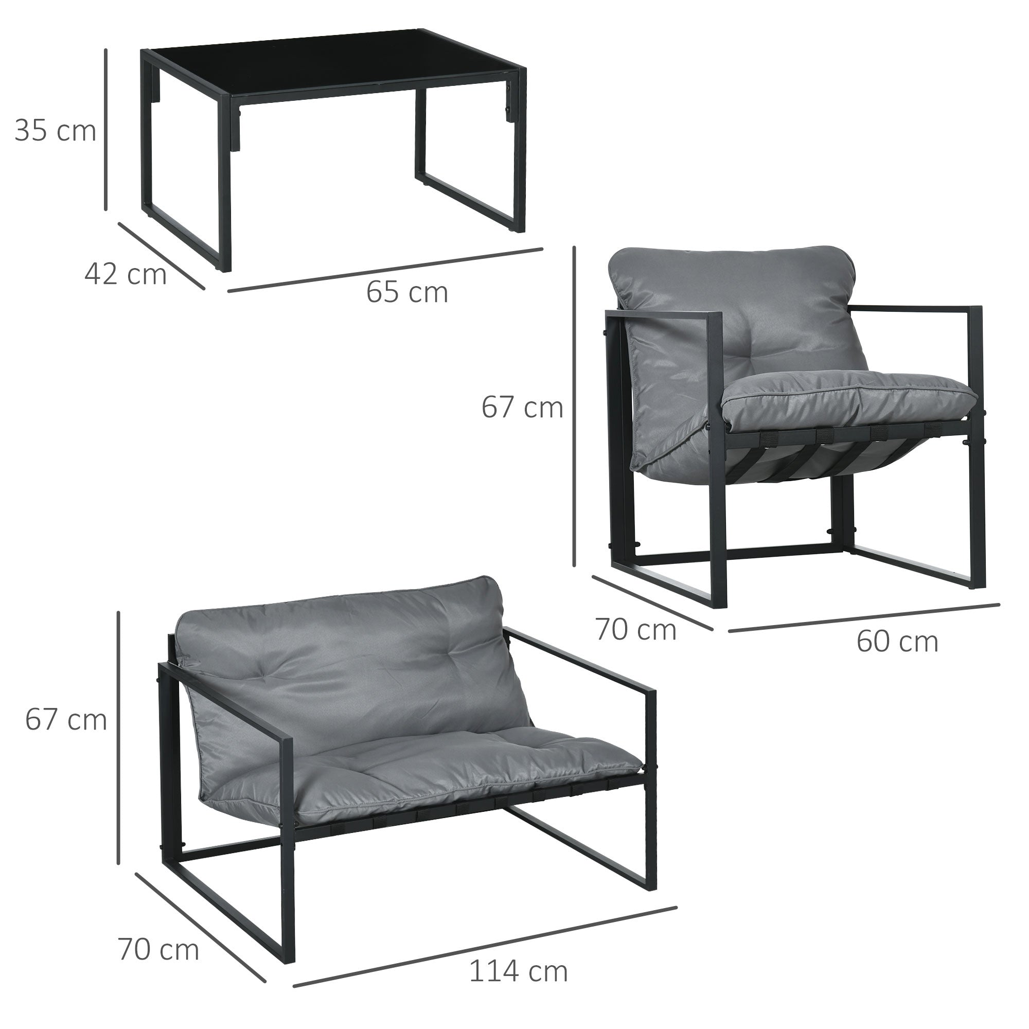 Garden Furniture Set 4 Persons Steel Weatherproof Balcony Furniture Set with 2-Seater Sofa, Armchair Glass Table Seat Cushions Outdoor Seating Group Patio Furniture Garden Set for Garden Terrace Balcony Gray+Black