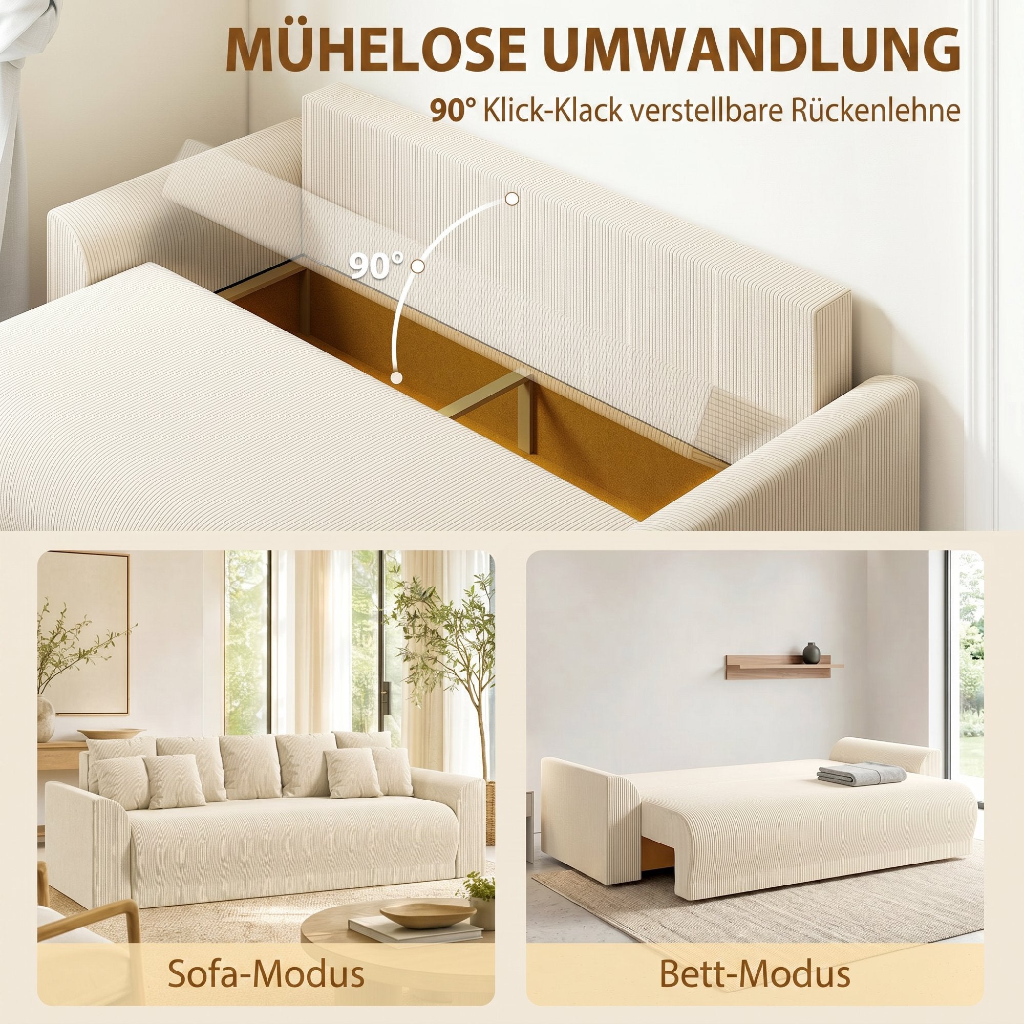 3-Seater Sofa Bed with Storage, Wide Deep Seat & 9 Cushions, Corduroy - Beige (Converts to 74.8" x 59.1" Bed)