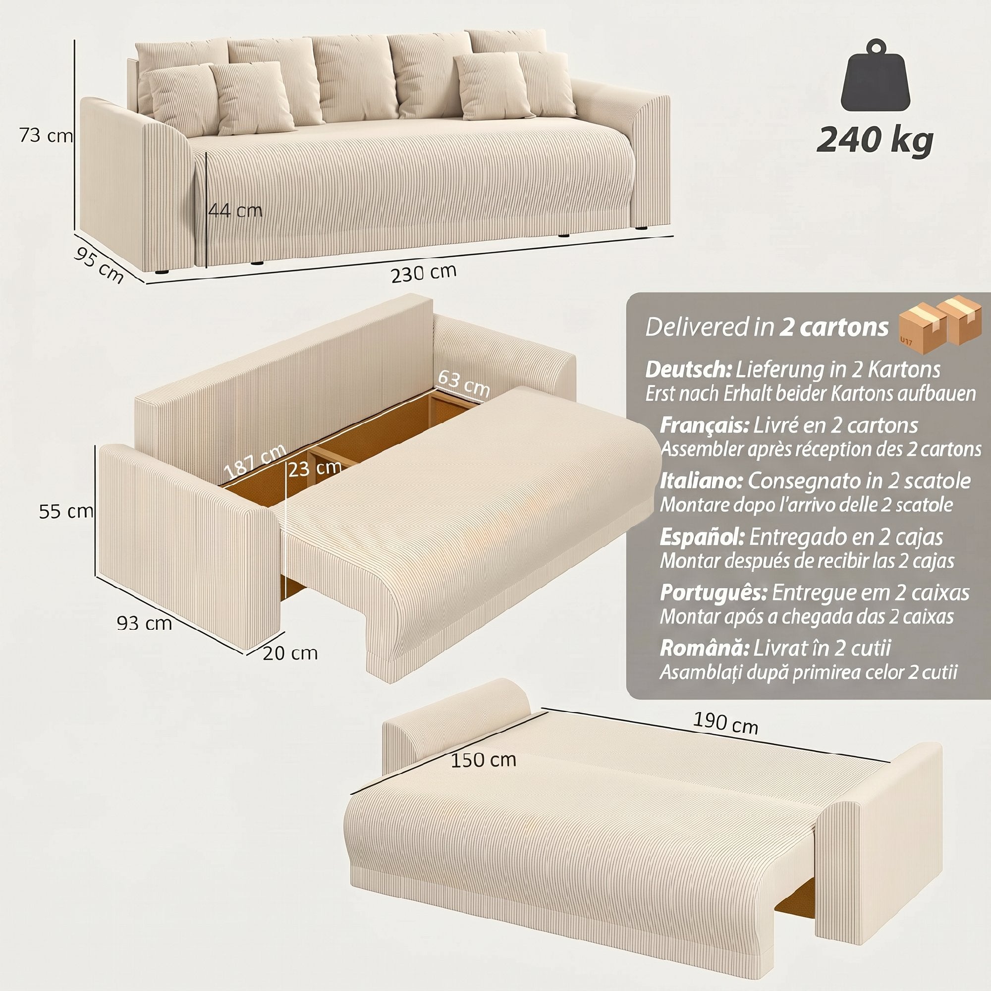 3-Seater Sofa Bed with Storage, Wide Deep Seat & 9 Cushions, Corduroy - Beige (Converts to 74.8" x 59.1" Bed)