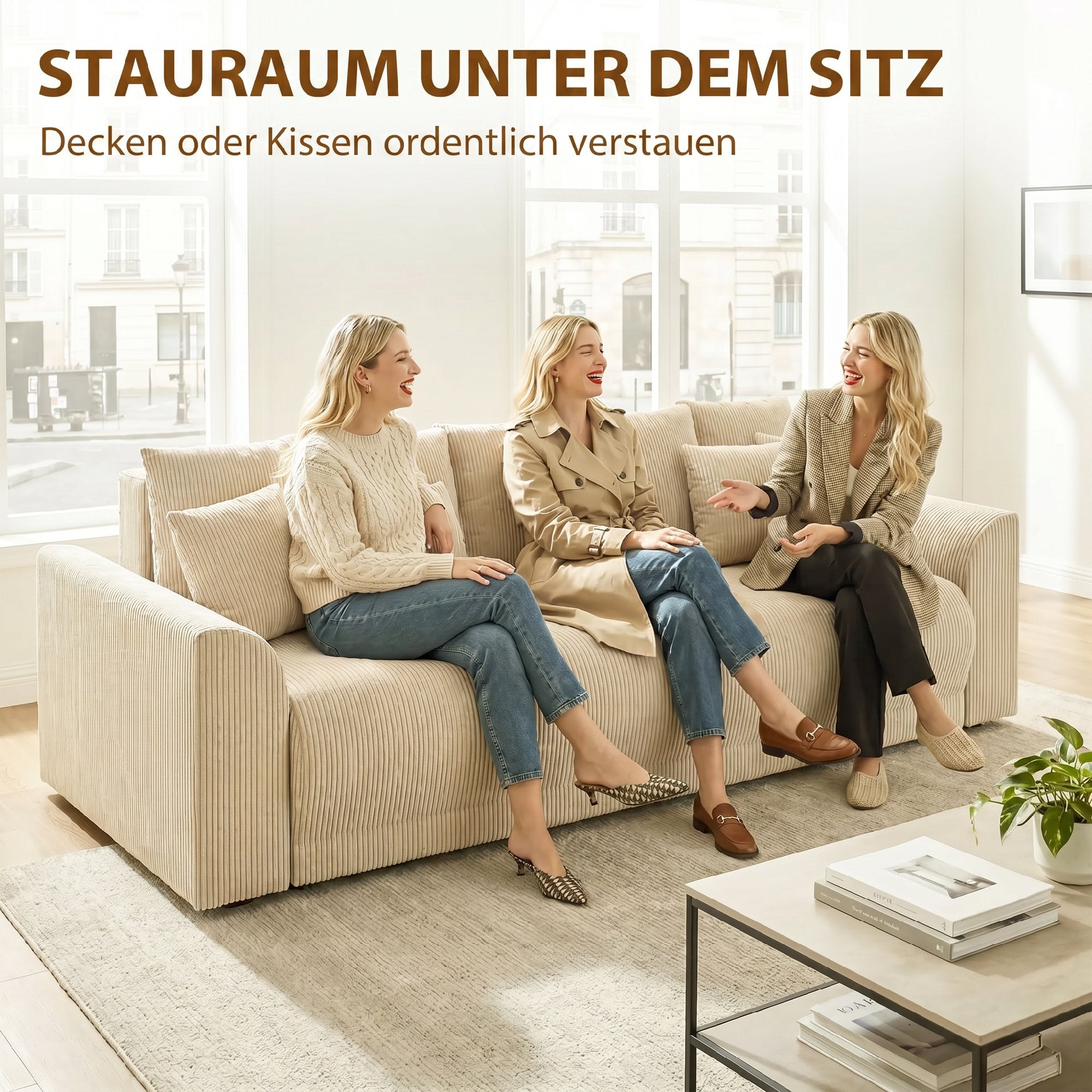 3-Seater Sofa Bed with Storage, Wide Deep Seat & 9 Cushions, Corduroy - Beige (Converts to 74.8" x 59.1" Bed)