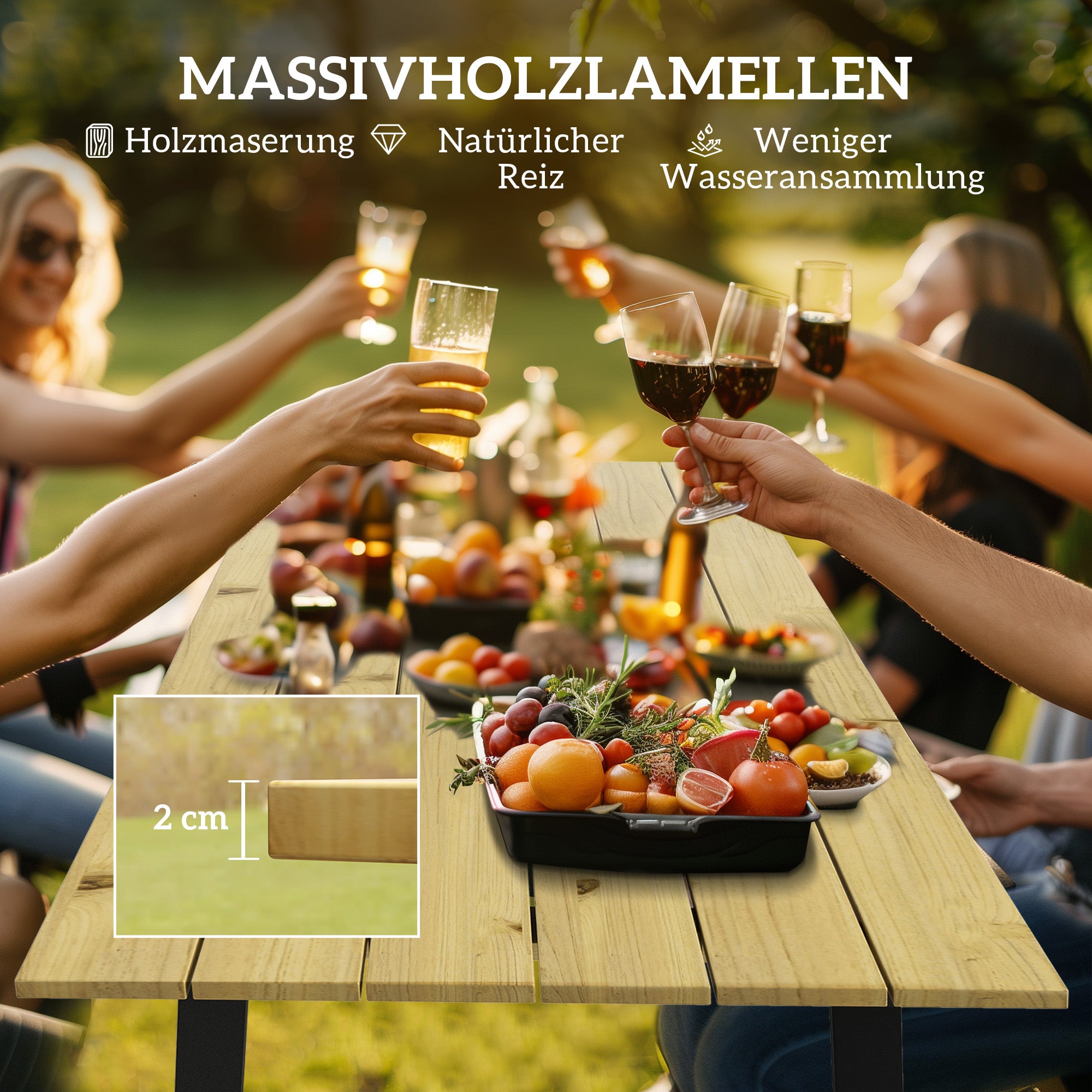 Wooden Beer Tent Set 3-Piece Party Tent Set with Umbrella Hole Beer Table 2 x Beer Bench Beer Table Set Seating Set Garden Furniture Set for Balcony, Camping, Garden 175 x 148 x 78 cm Natural Wood