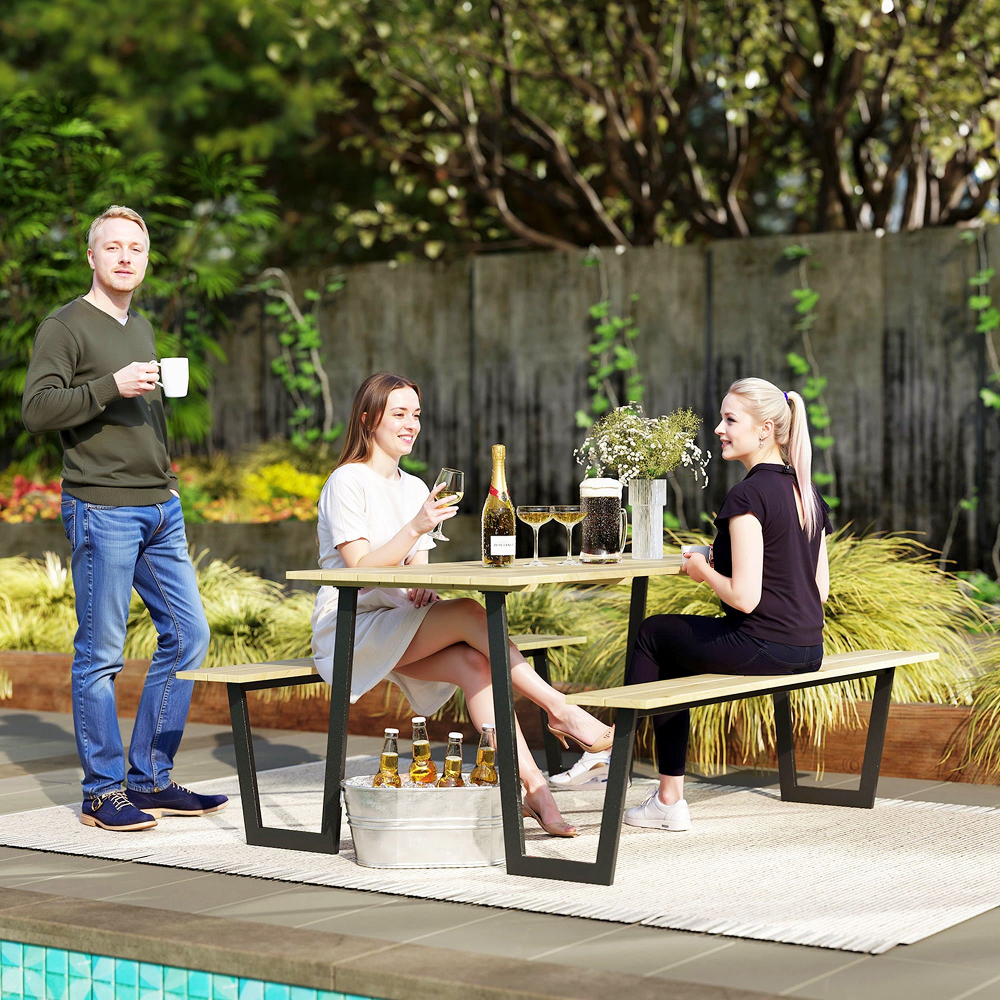 Wooden Beer Tent Set 3-Piece Party Tent Set with Umbrella Hole Beer Table 2 x Beer Bench Beer Table Set Seating Set Garden Furniture Set for Balcony, Camping, Garden 175 x 148 x 78 cm Natural Wood