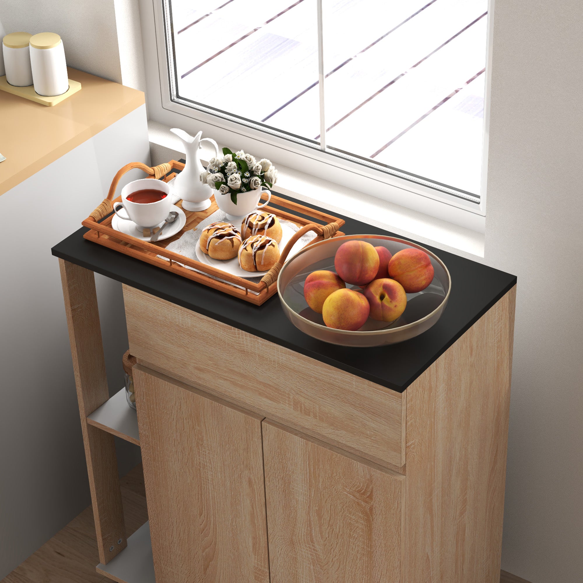 Kitchen Service Trolley with Wheels Multi-storage Double Door Cabinet + 2 Shelves + Drawer Particle Board Oak Black