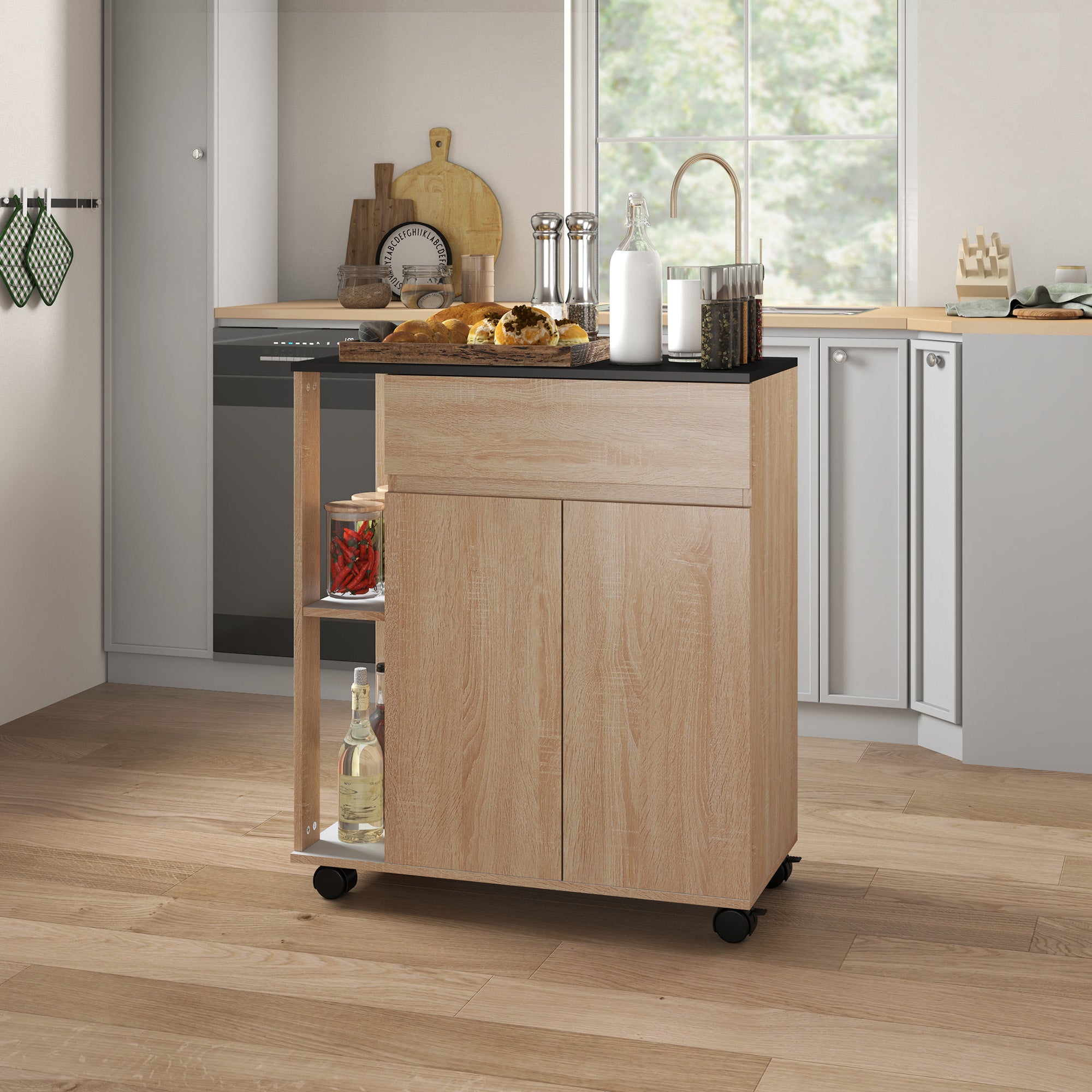 Kitchen Service Trolley with Wheels Multi-storage Double Door Cabinet + 2 Shelves + Drawer Particle Board Oak Black