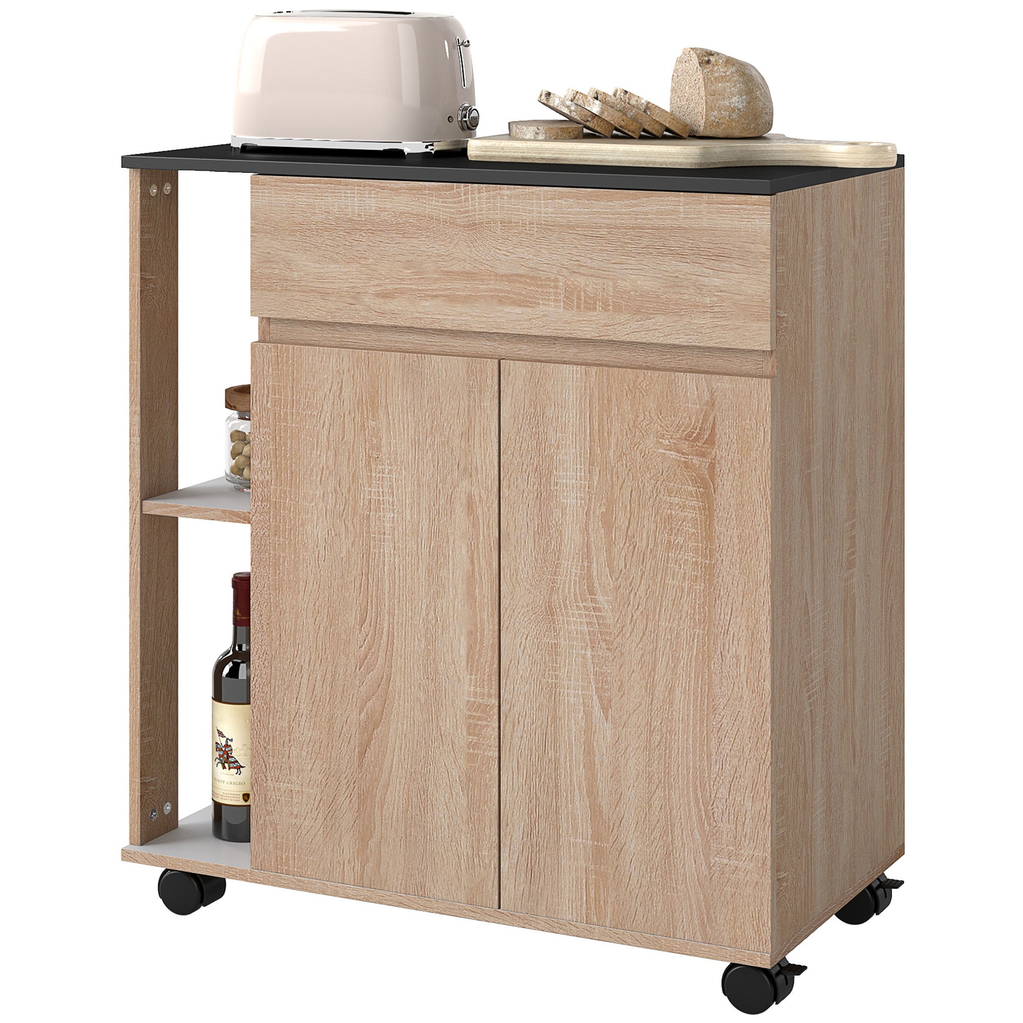 Kitchen Service Trolley with Wheels Multi-storage Double Door Cabinet + 2 Shelves + Drawer Particle Board Oak Black