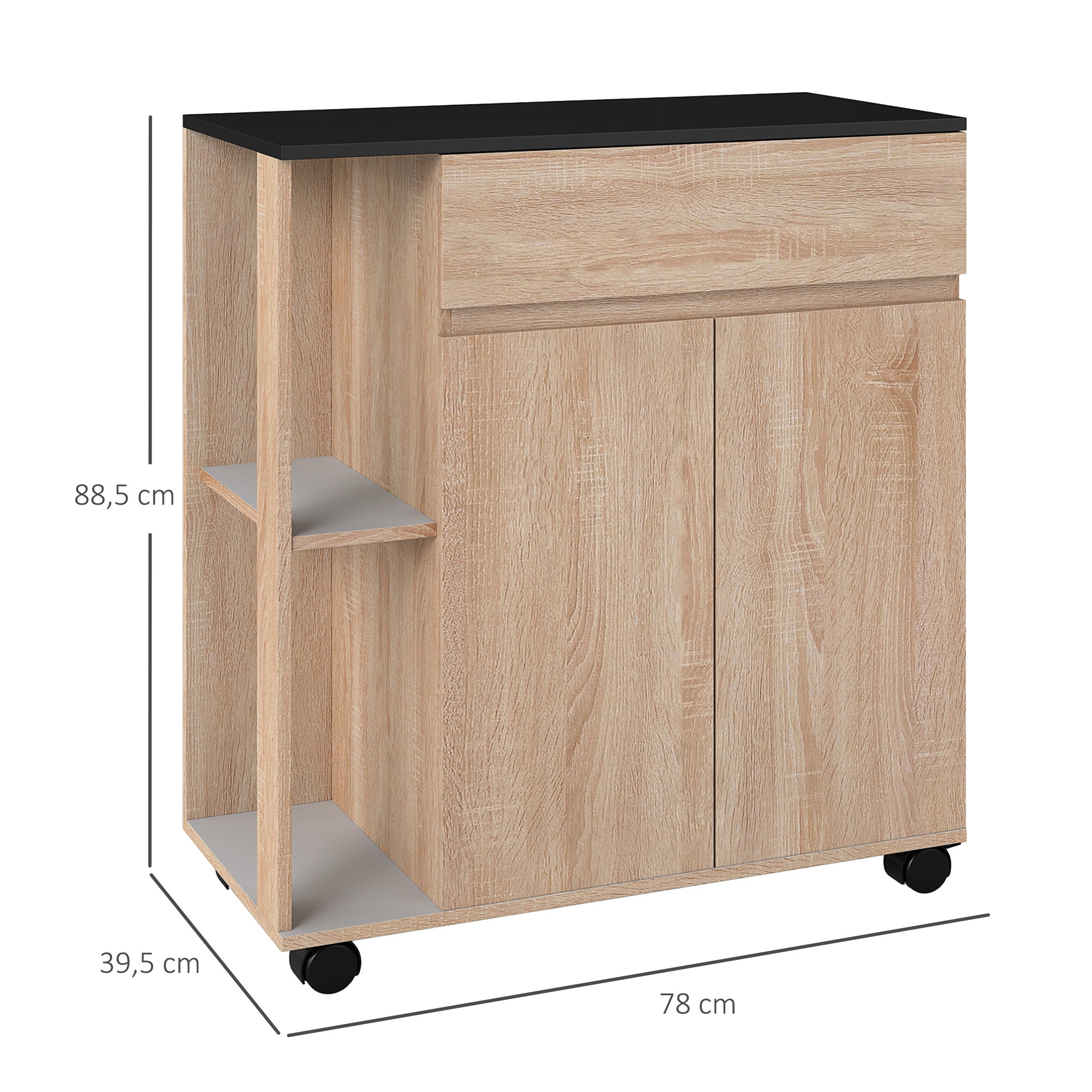 Kitchen Service Trolley with Wheels Multi-storage Double Door Cabinet + 2 Shelves + Drawer Particle Board Oak Black