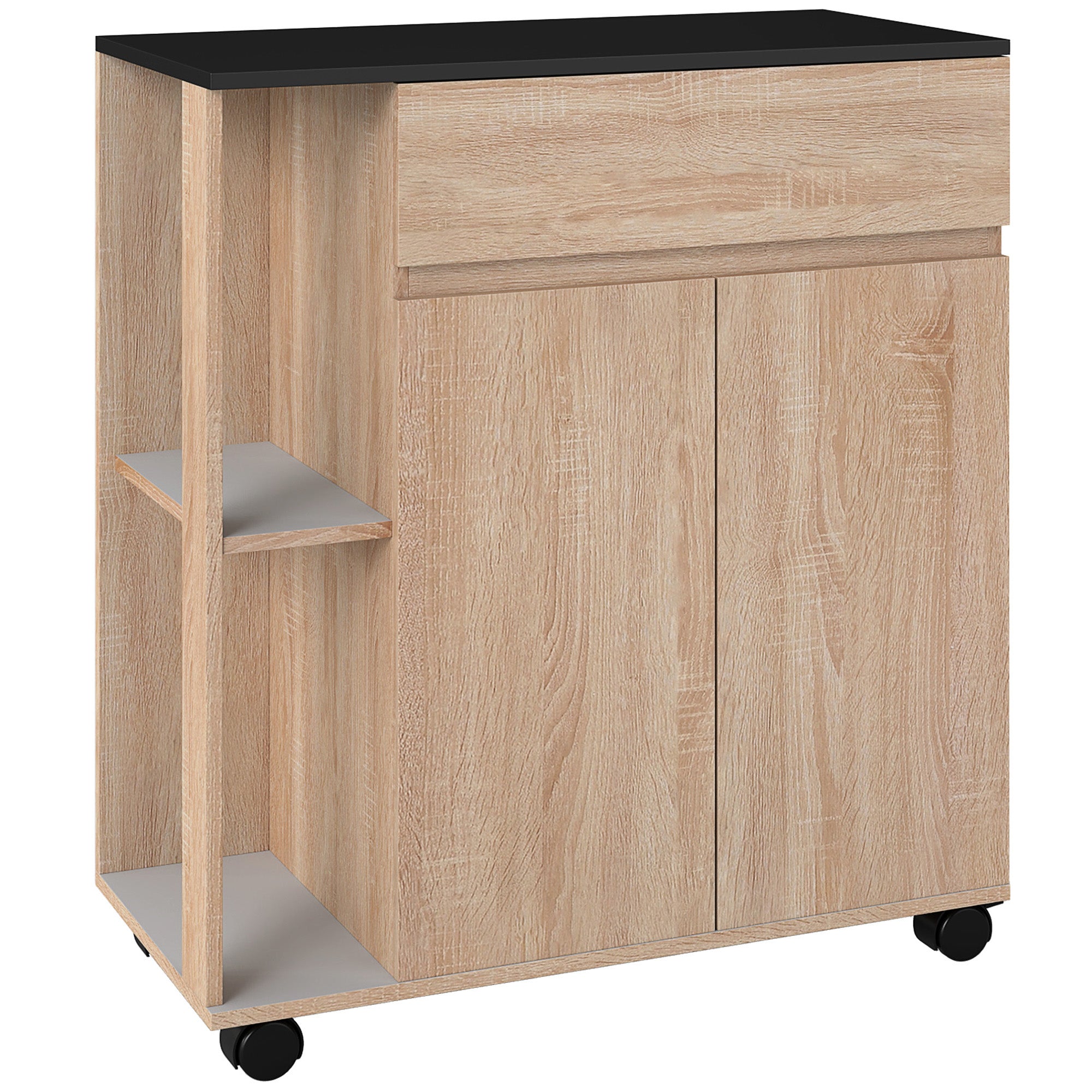 Kitchen Service Trolley with Wheels Multi-storage Double Door Cabinet + 2 Shelves + Drawer Particle Board Oak Black