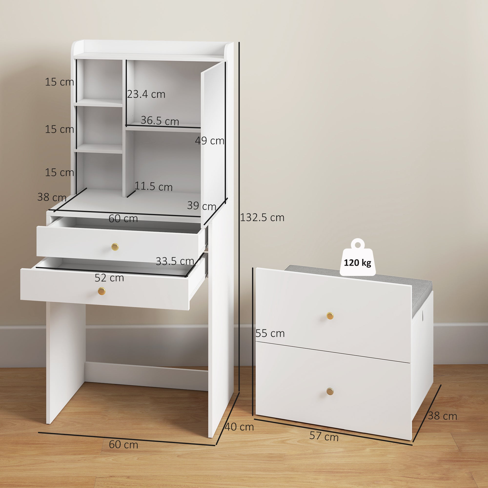 Makeup Vanity with Mirror and Rolling Storage Stool, Cabinet, Drawers, Open Shelves, Linen-Effect Padded Stool, Space-Saving, Modern, White