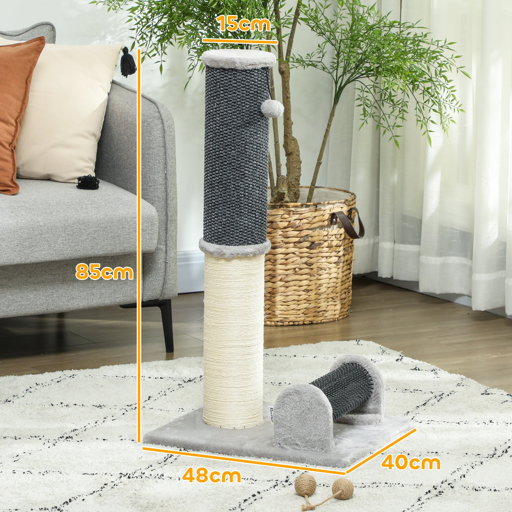86 cm Cat Scratching Post, 3-in-1 Cat Scratcher Post with Large Base, Pineapple Pattern Carpet, Grooming Brush, and Play Ball, for Indoor, Light Gray