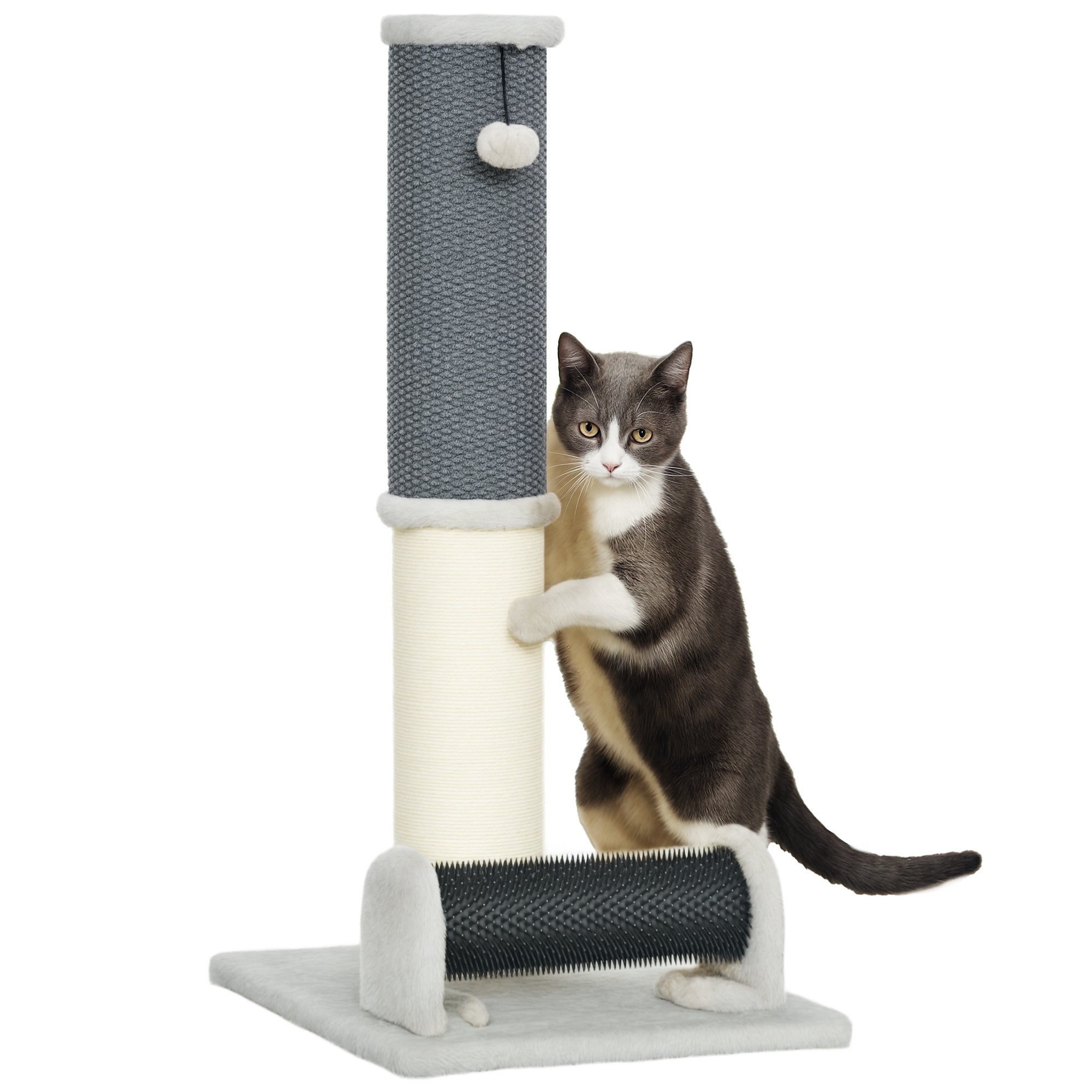 86 cm Cat Scratching Post, 3-in-1 Cat Scratcher Post with Large Base, Pineapple Pattern Carpet, Grooming Brush, and Play Ball, for Indoor, Light Gray