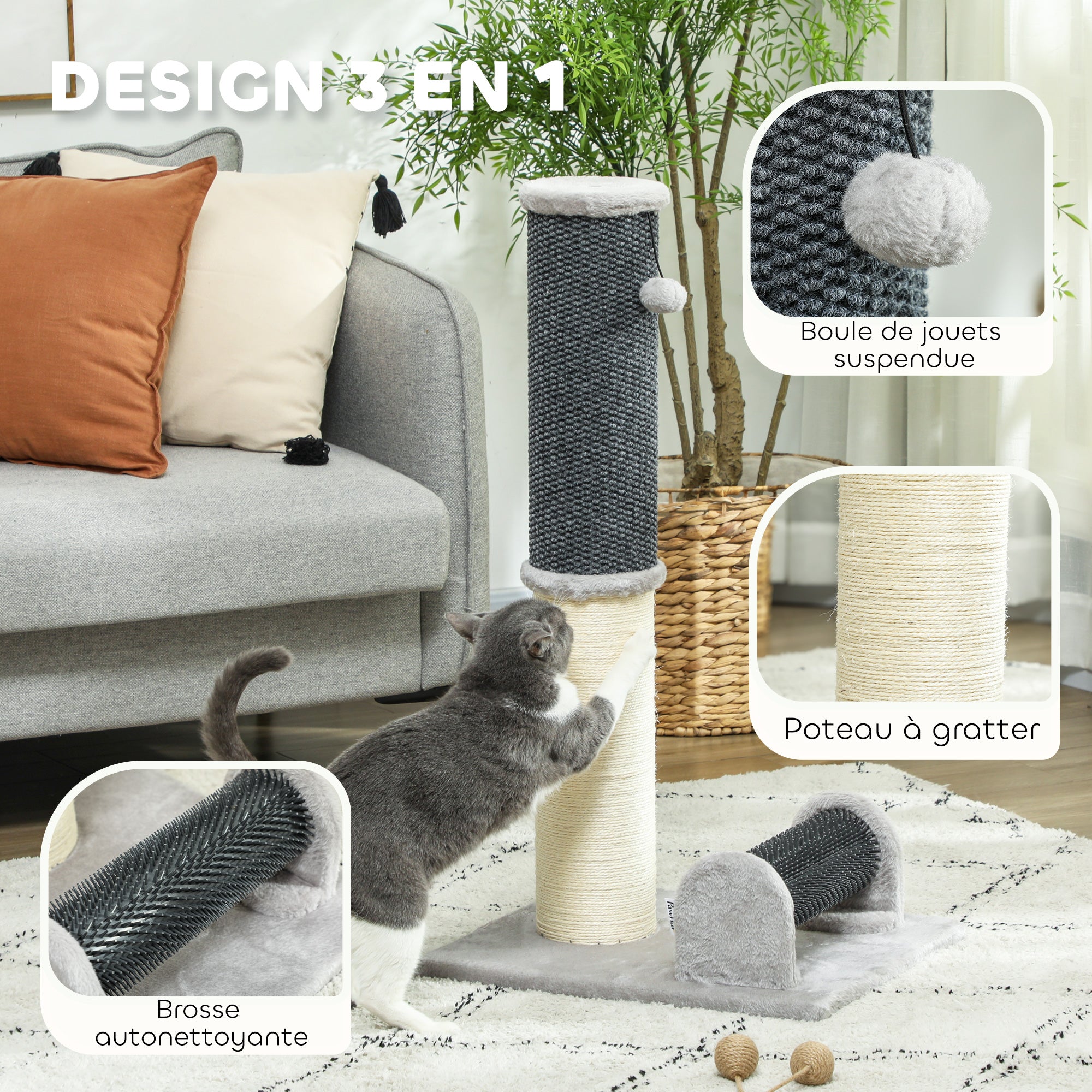 86 cm Cat Scratching Post, 3-in-1 Cat Scratcher Post with Large Base, Pineapple Pattern Carpet, Grooming Brush, and Play Ball, for Indoor, Light Gray