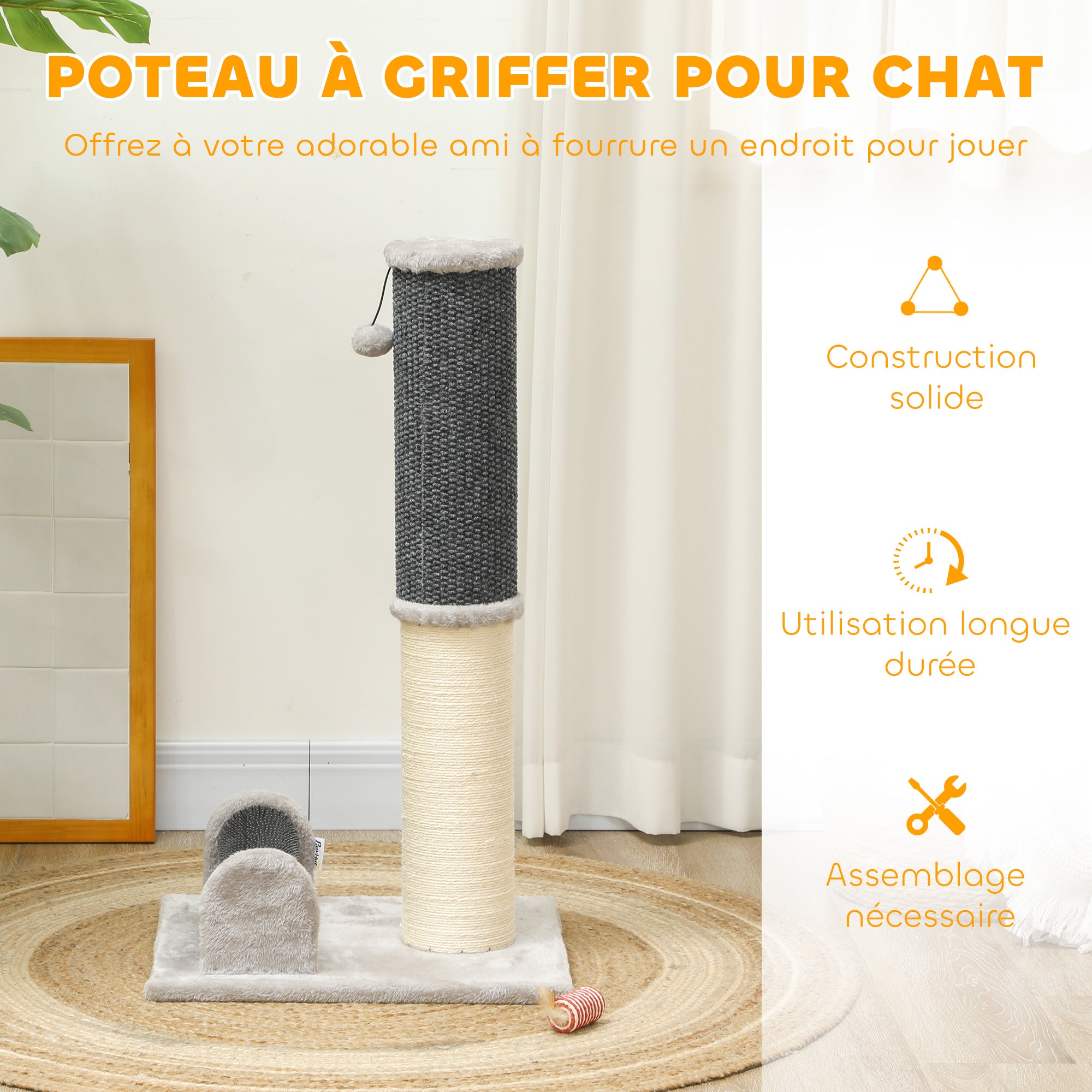 86 cm Cat Scratching Post, 3-in-1 Cat Scratcher Post with Large Base, Pineapple Pattern Carpet, Grooming Brush, and Play Ball, for Indoor, Light Gray