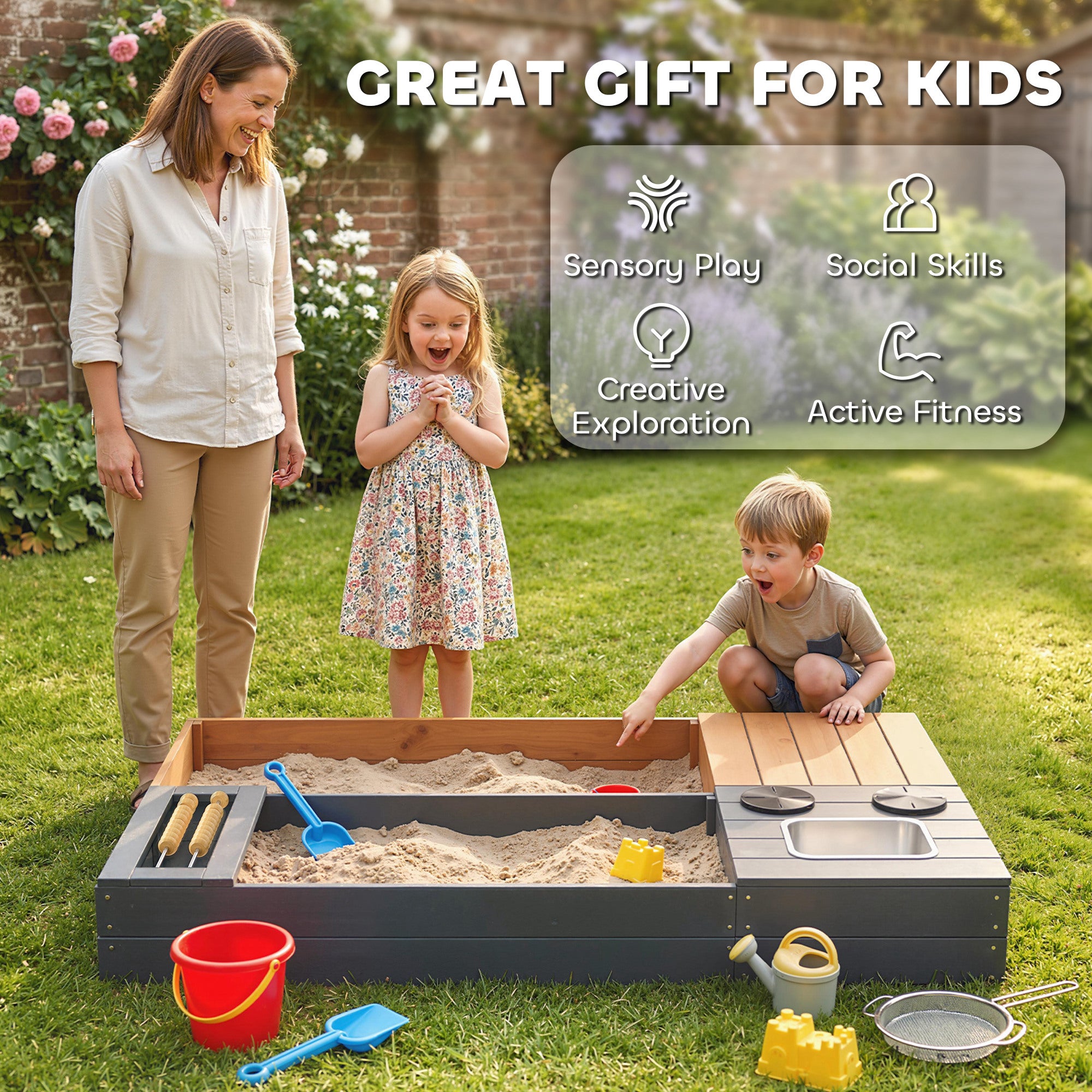 2-Piece Wooden Sandbox 59.1 x 35.4 in with Bench, Storage, Play Stove & Removable Sink, Abacus Beads – Ages 3–8, Yellow