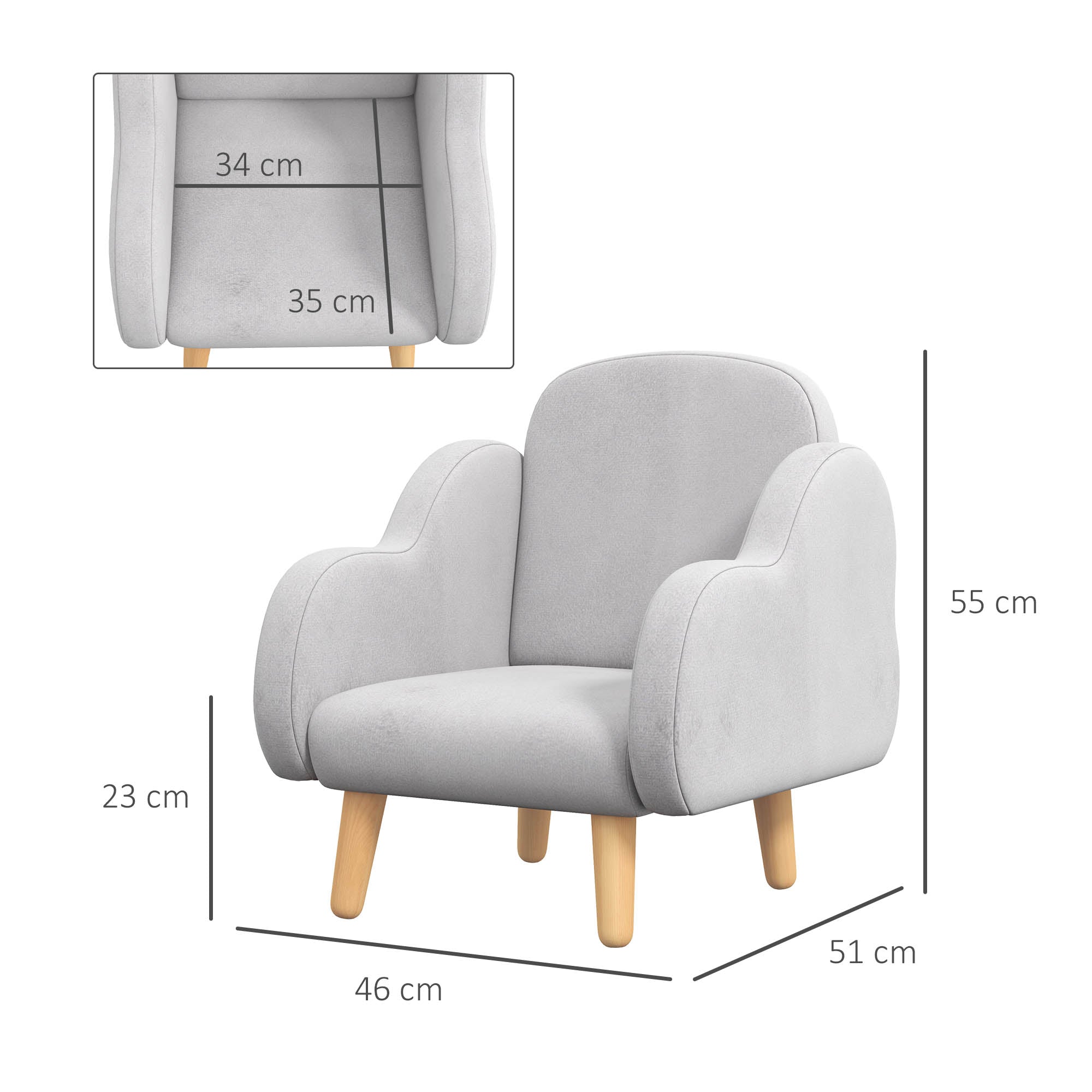 ZONEKIZ Scandinavian Style Children's Armchair with Cloud-Shaped Arms, Children's Armchair up to 3 Years in Fabric, 46x51x55cm, Grey