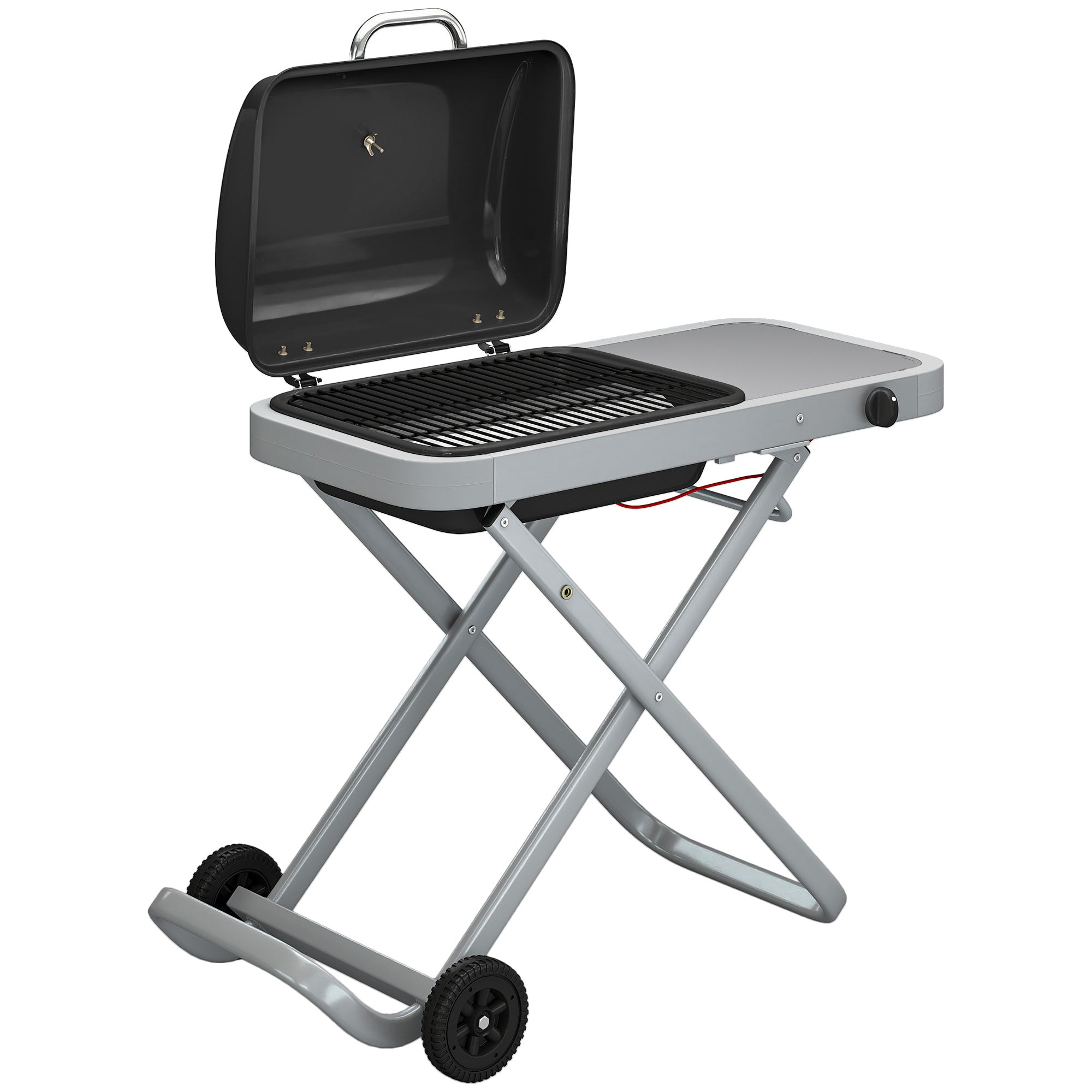 Portable 1-Burner 2.5 kW Folding Gas Grill with Cart, Side Shelf, Lid Thermometer & Drip Tray — Tabletop Outdoor Grill for BBQ, Camping & Garden