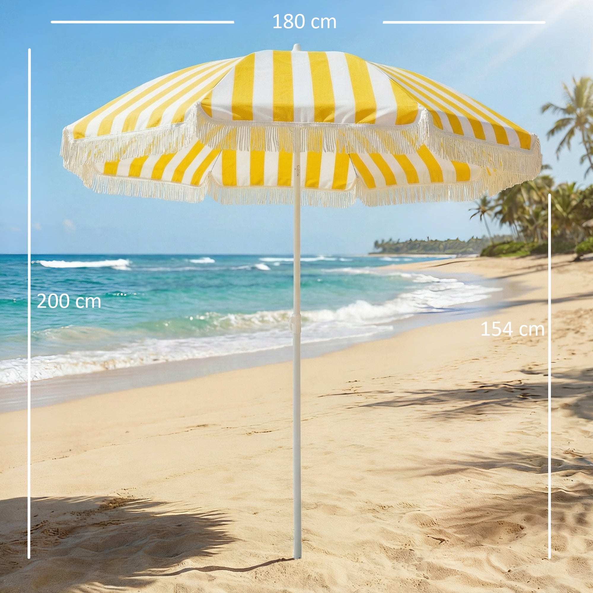 Boho Fringe Beach Umbrella, 71" Canopy, Adjustable Height & 30° Tilt, Sand Anchor and Carry Bag — Yellow & White
