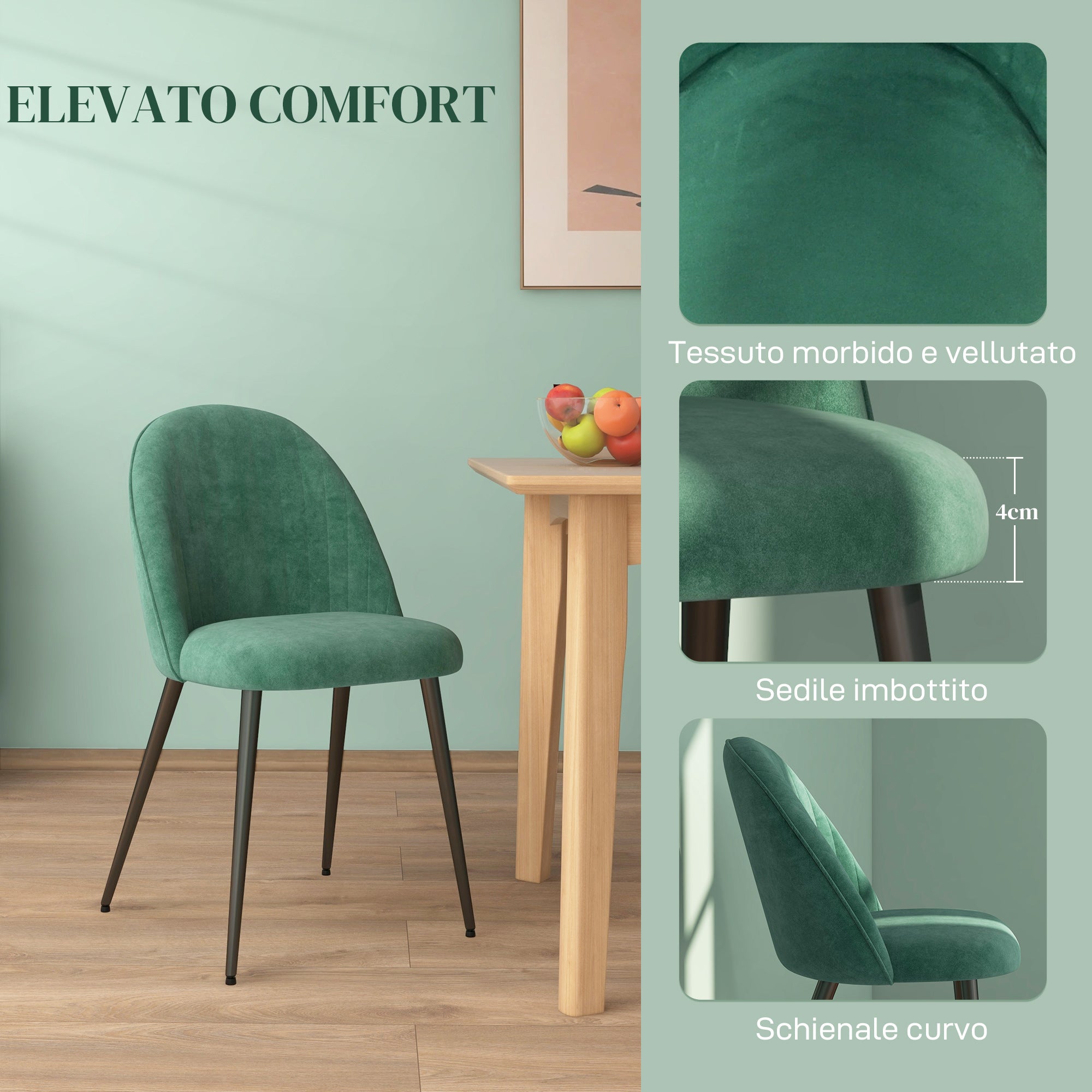 Set of 4 Modern Upholstered Chairs with Curved Backrest, Dining Chairs in Velvet Effect Fabric and Steel, 50x52x83 cm, Green