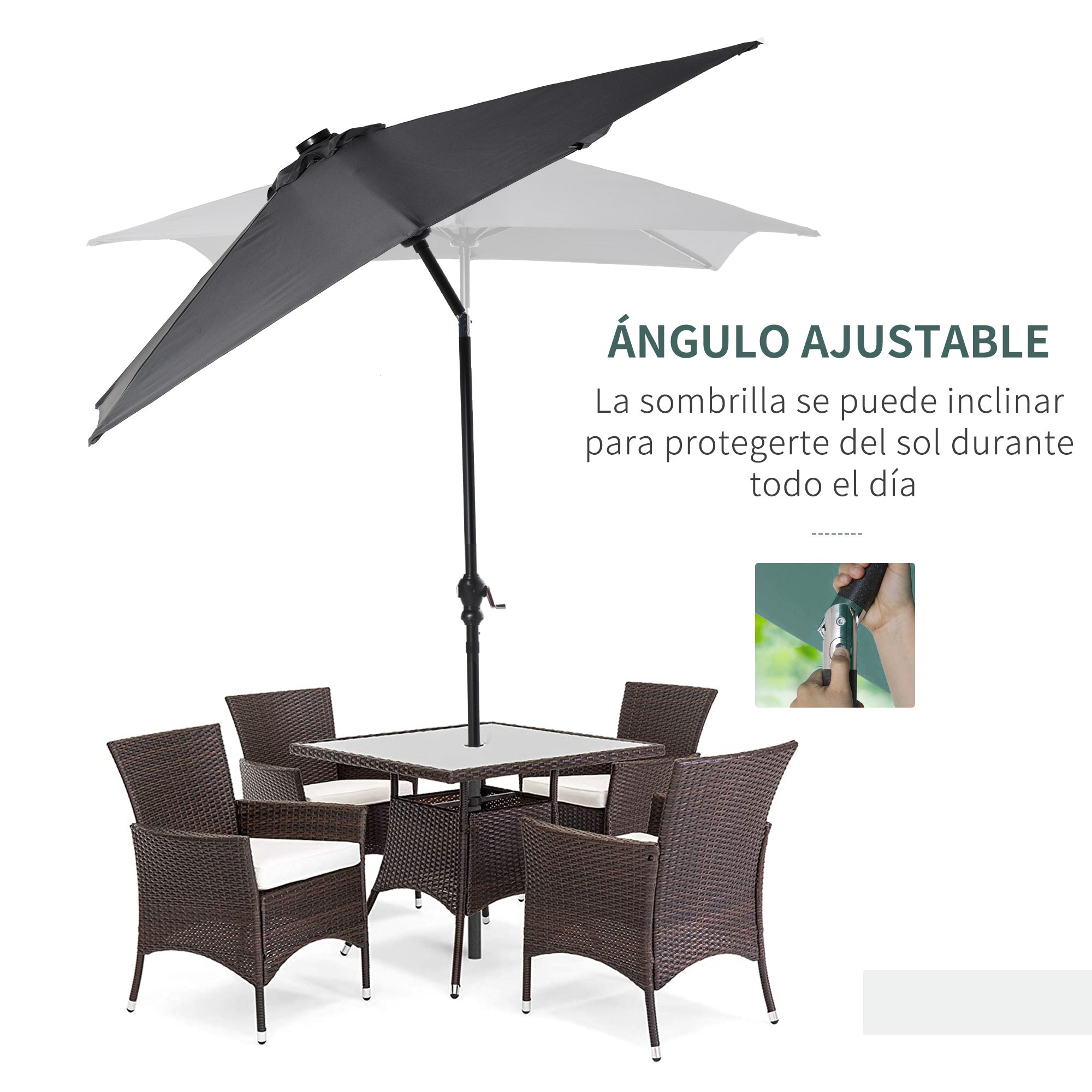 Garden Umbrella 268x205x248 cm Outdoor Terrace Umbrella with 45° Tilt Roof LED Solar Lights Steel Pole and Crank Parasol for Patio Terrace Dark Gray