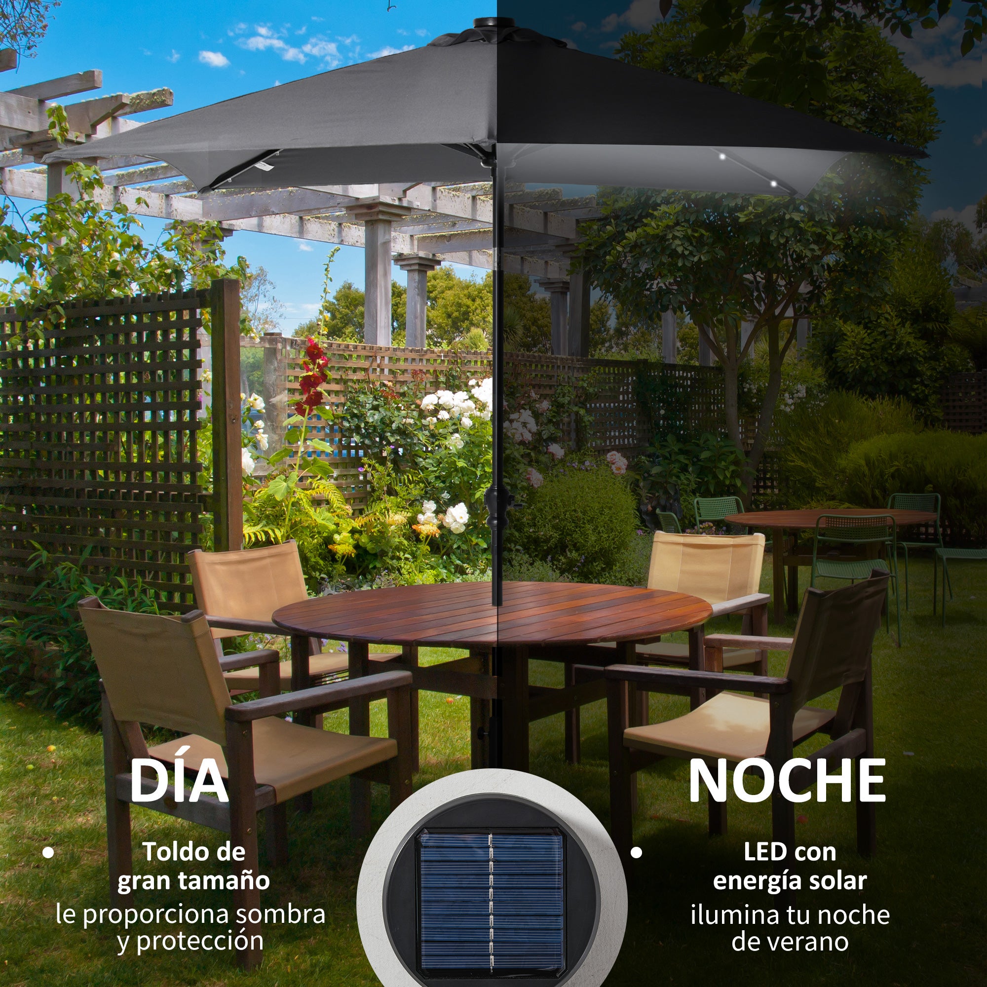 Garden Umbrella 268x205x248 cm Outdoor Terrace Umbrella with 45° Tilt Roof LED Solar Lights Steel Pole and Crank Parasol for Patio Terrace Dark Gray