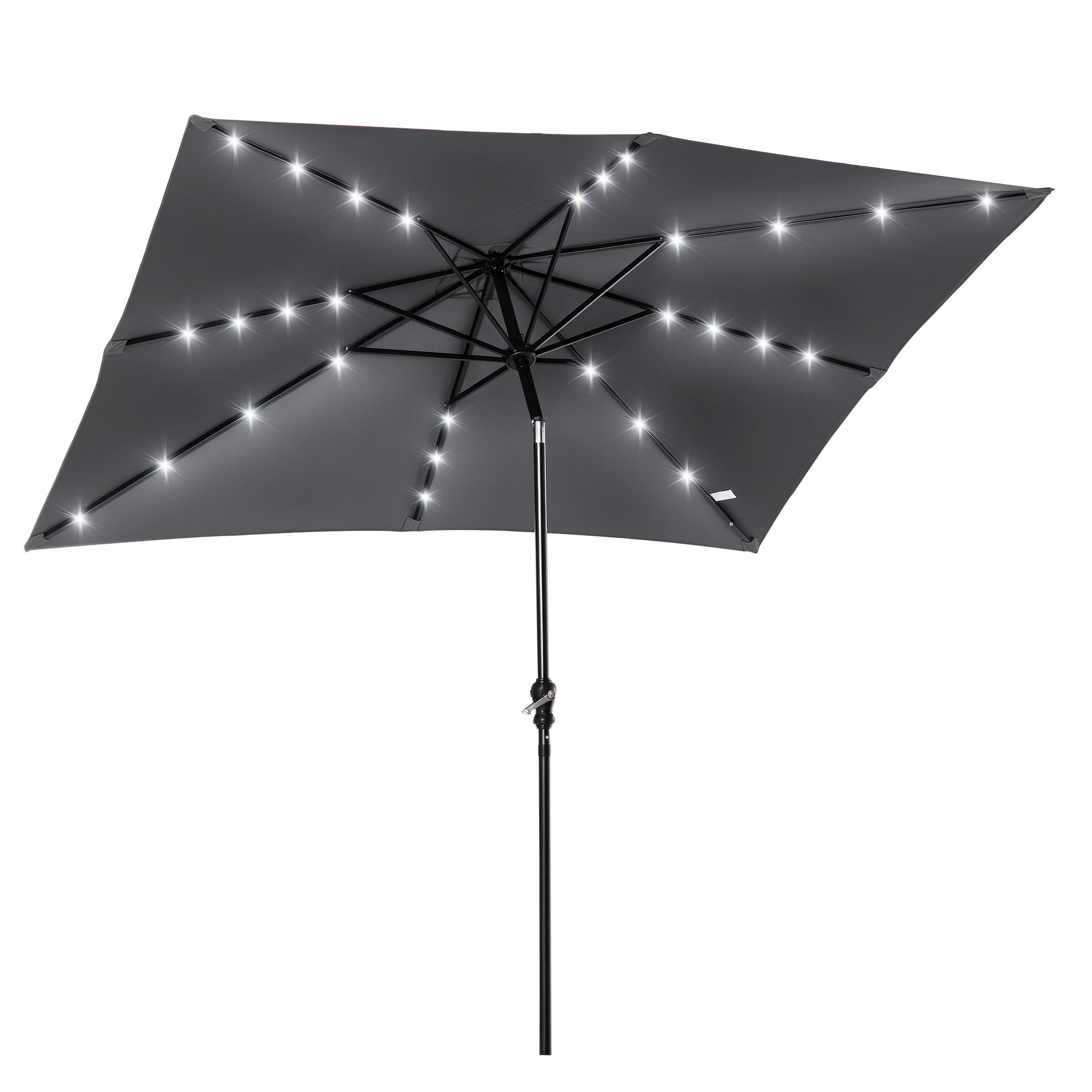 Garden Umbrella 268x205x248 cm Outdoor Terrace Umbrella with 45° Tilt Roof LED Solar Lights Steel Pole and Crank Parasol for Patio Terrace Dark Gray