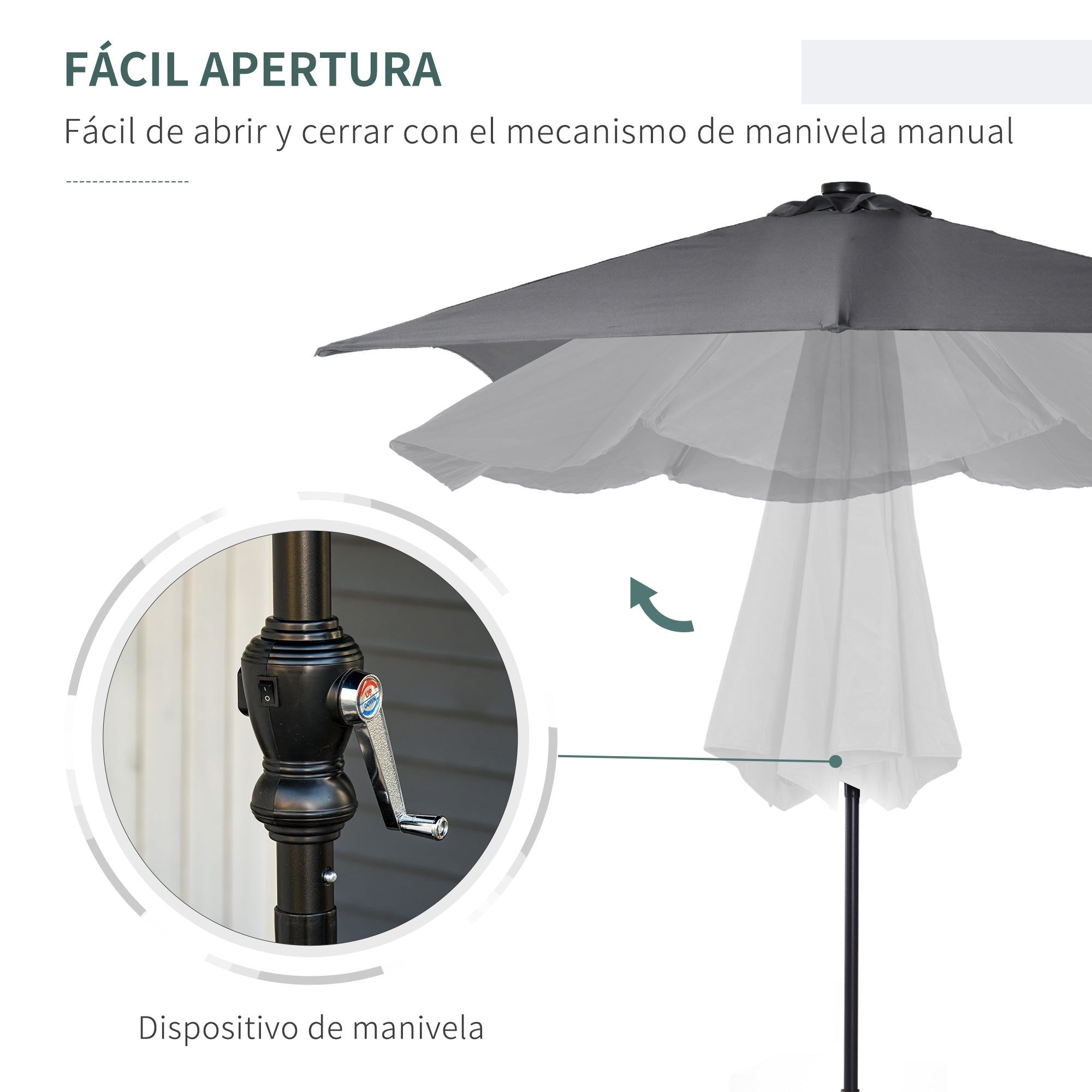 Garden Umbrella 268x205x248 cm Outdoor Terrace Umbrella with 45° Tilt Roof LED Solar Lights Steel Pole and Crank Parasol for Patio Terrace Dark Gray