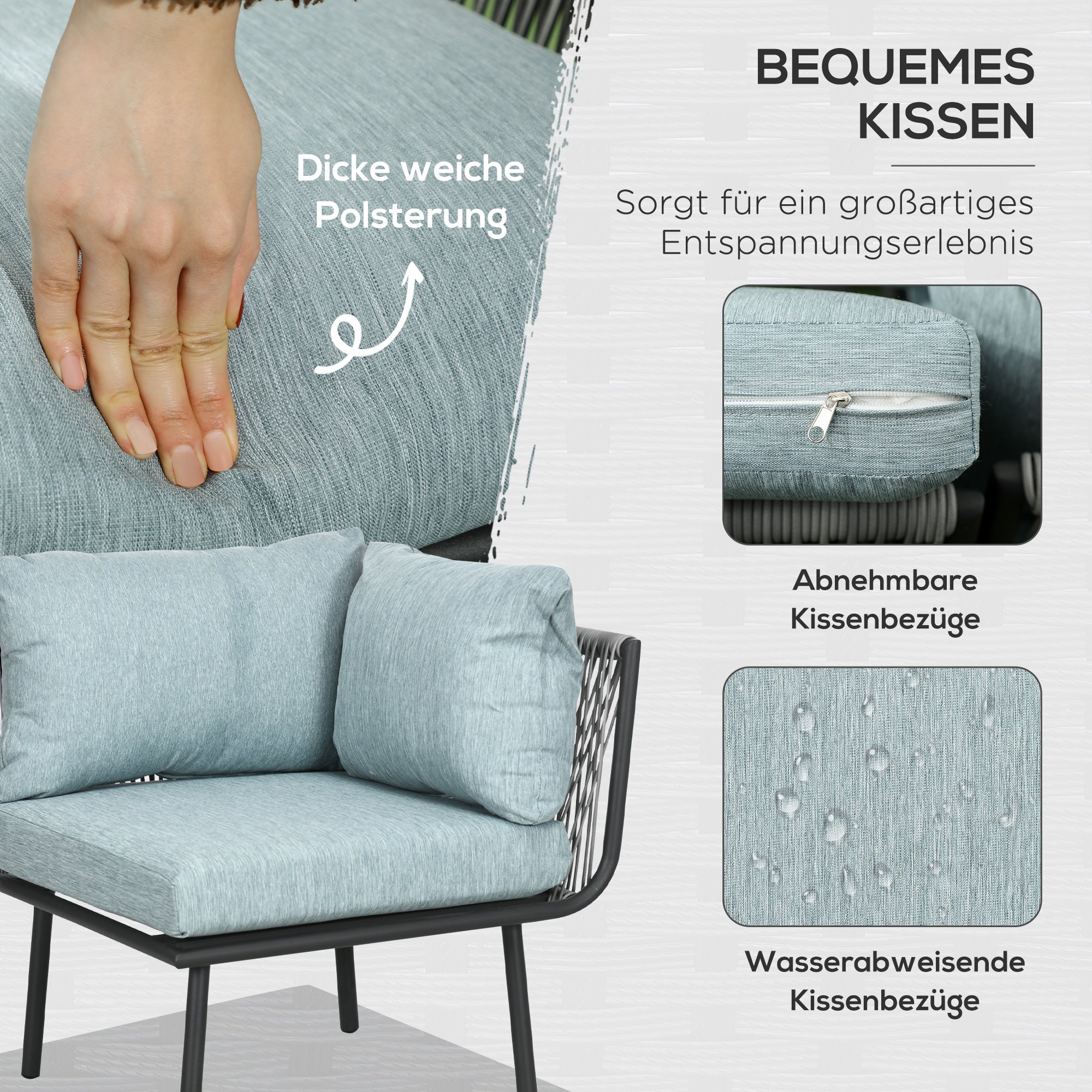 4-piece Rattan Garden Furniture Set, Seating Set with Cushions, Set with 2 Double Sofas, 1 Corner Sofa, 1 Coffee Table, Garden Set for Balcony, Patio, Aluminum+Polyester, Grey