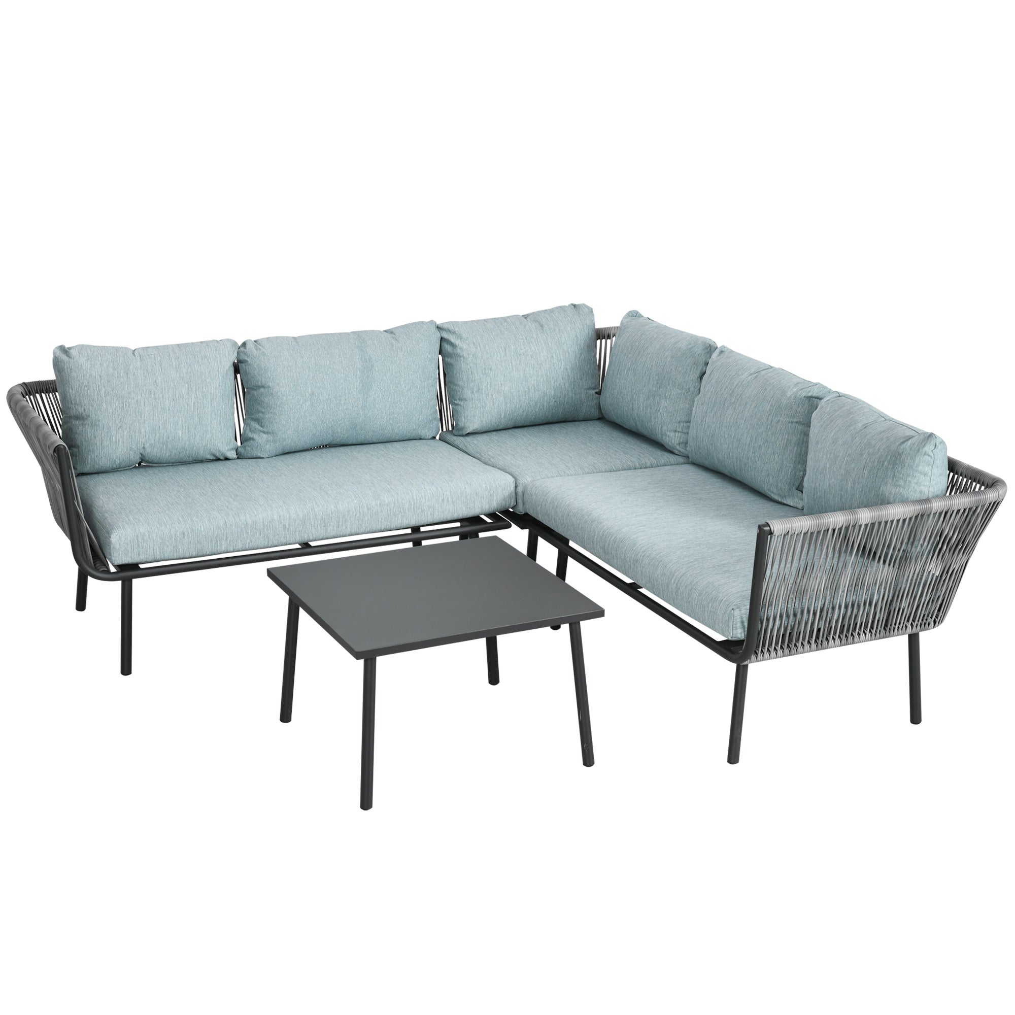 4-piece Rattan Garden Furniture Set, Seating Set with Cushions, Set with 2 Double Sofas, 1 Corner Sofa, 1 Coffee Table, Garden Set for Balcony, Patio, Aluminum+Polyester, Grey