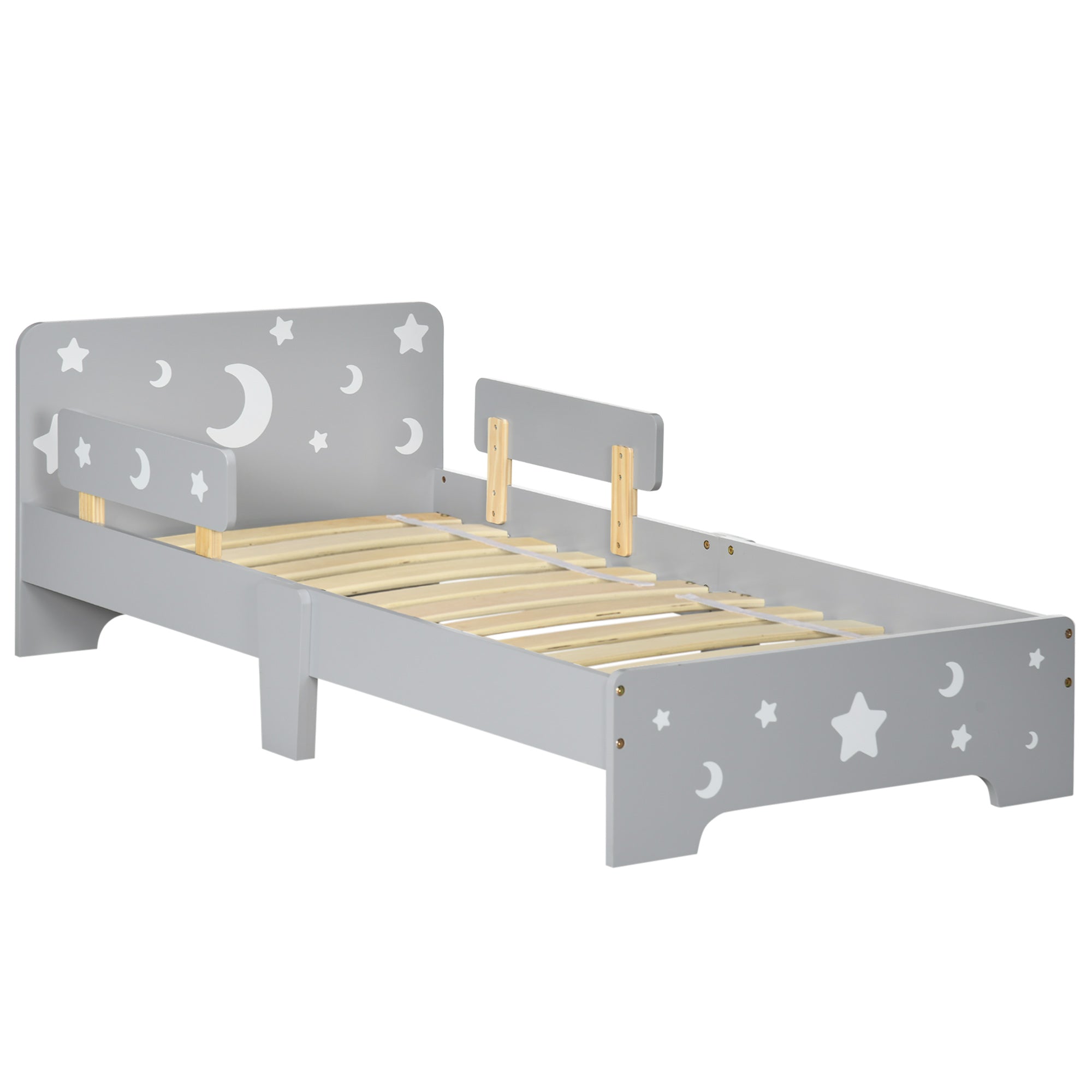 ZONEKIZ Children's Bed, Floor Bed for Children, 3 to 6 years old, 143 x 76 cm, star and moon design, slatted base included, for a child's room, gray