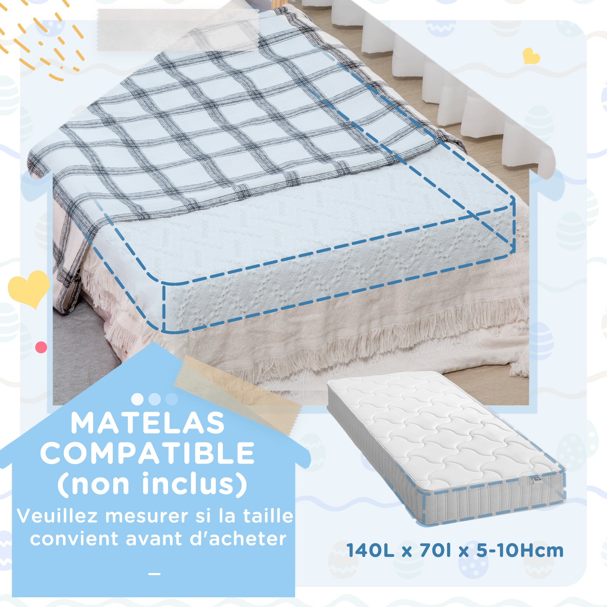 ZONEKIZ Children's Bed, Floor Bed for Children, 3 to 6 years old, 143 x 76 cm, star and moon design, slatted base included, for a child's room, gray