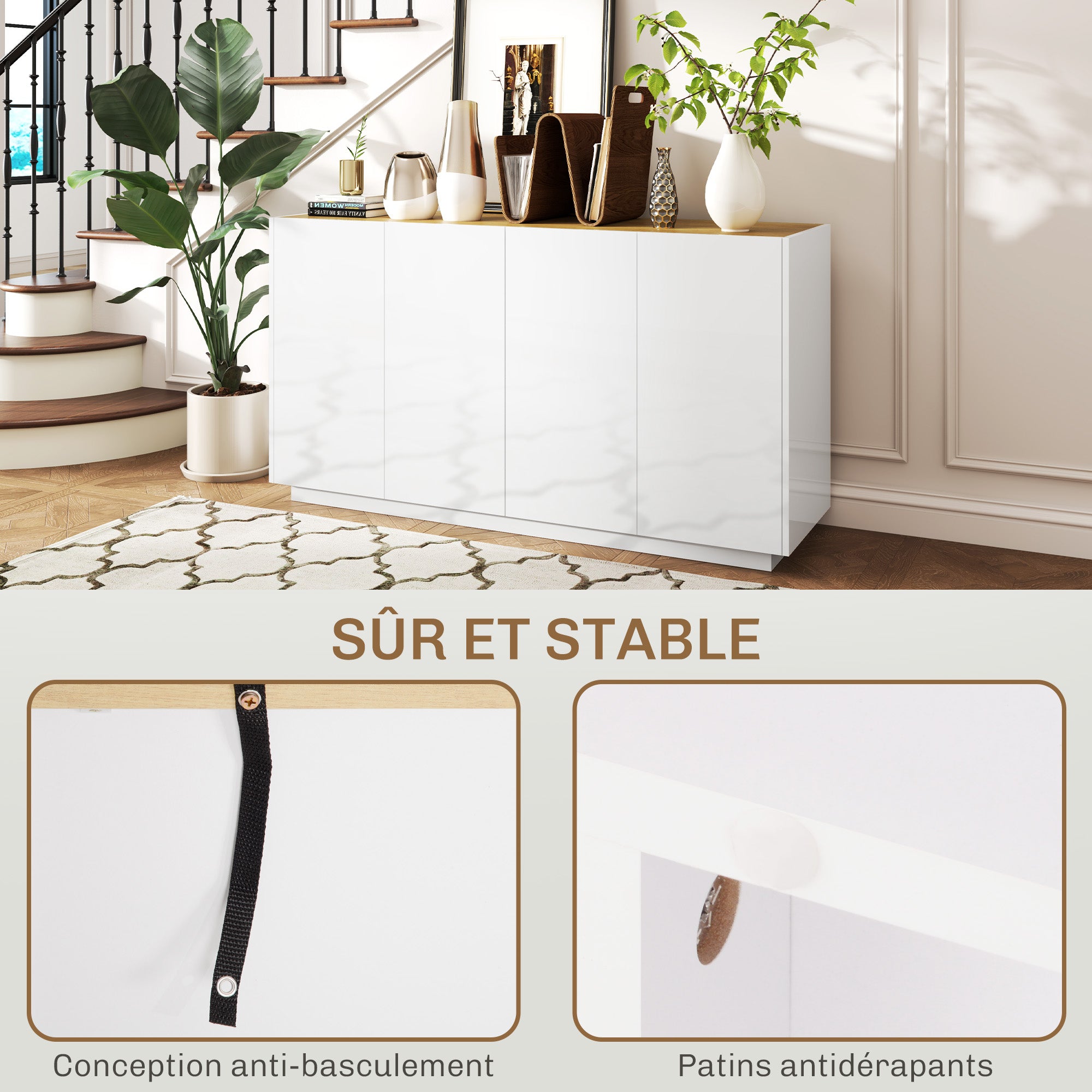 Dining Room Buffet, Kitchen Buffet, with 4 Soft-Close Doors and Adjustable Shelves, 140 x 40 x 75 cm, High Gloss White