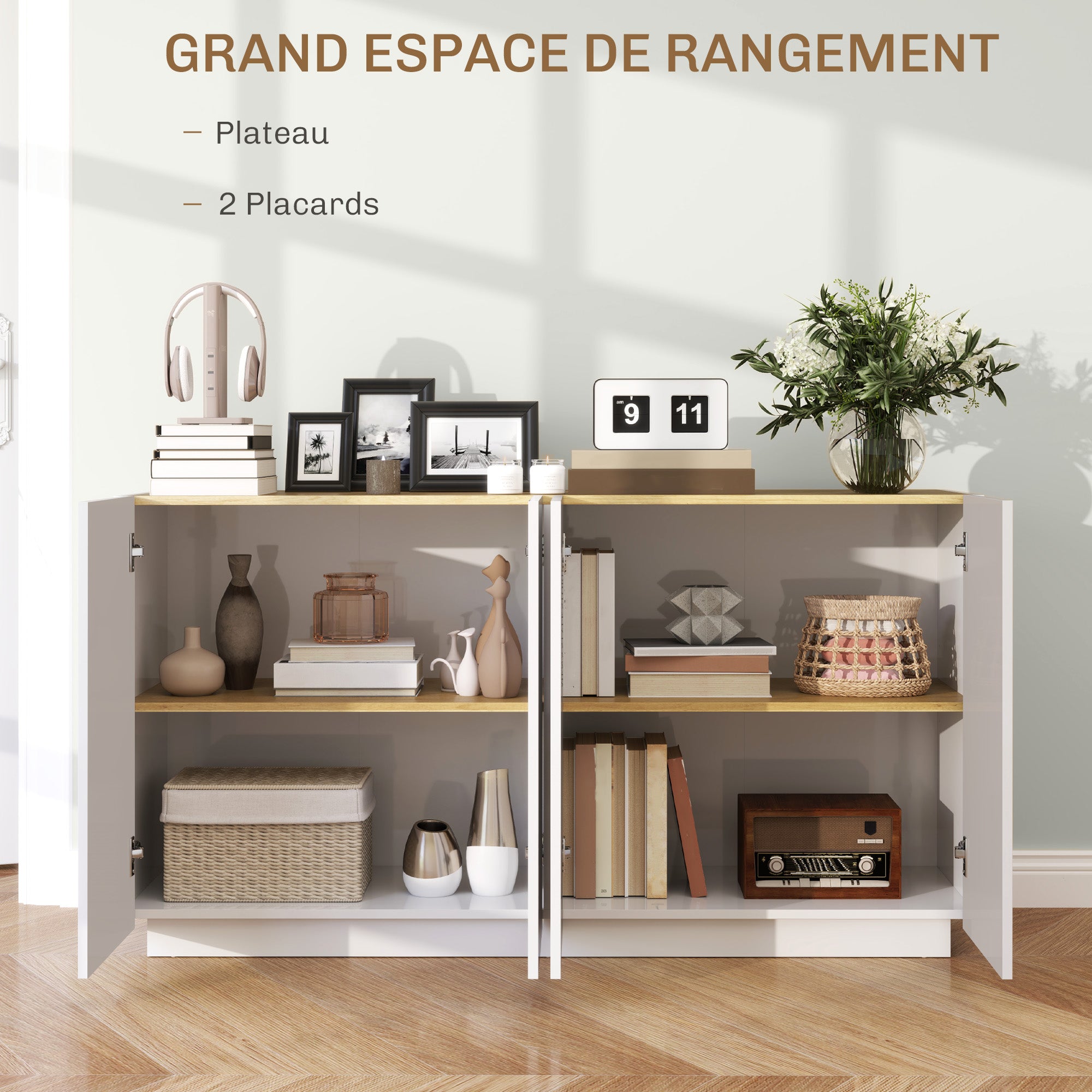 Dining Room Buffet, Kitchen Buffet, with 4 Soft-Close Doors and Adjustable Shelves, 140 x 40 x 75 cm, High Gloss White