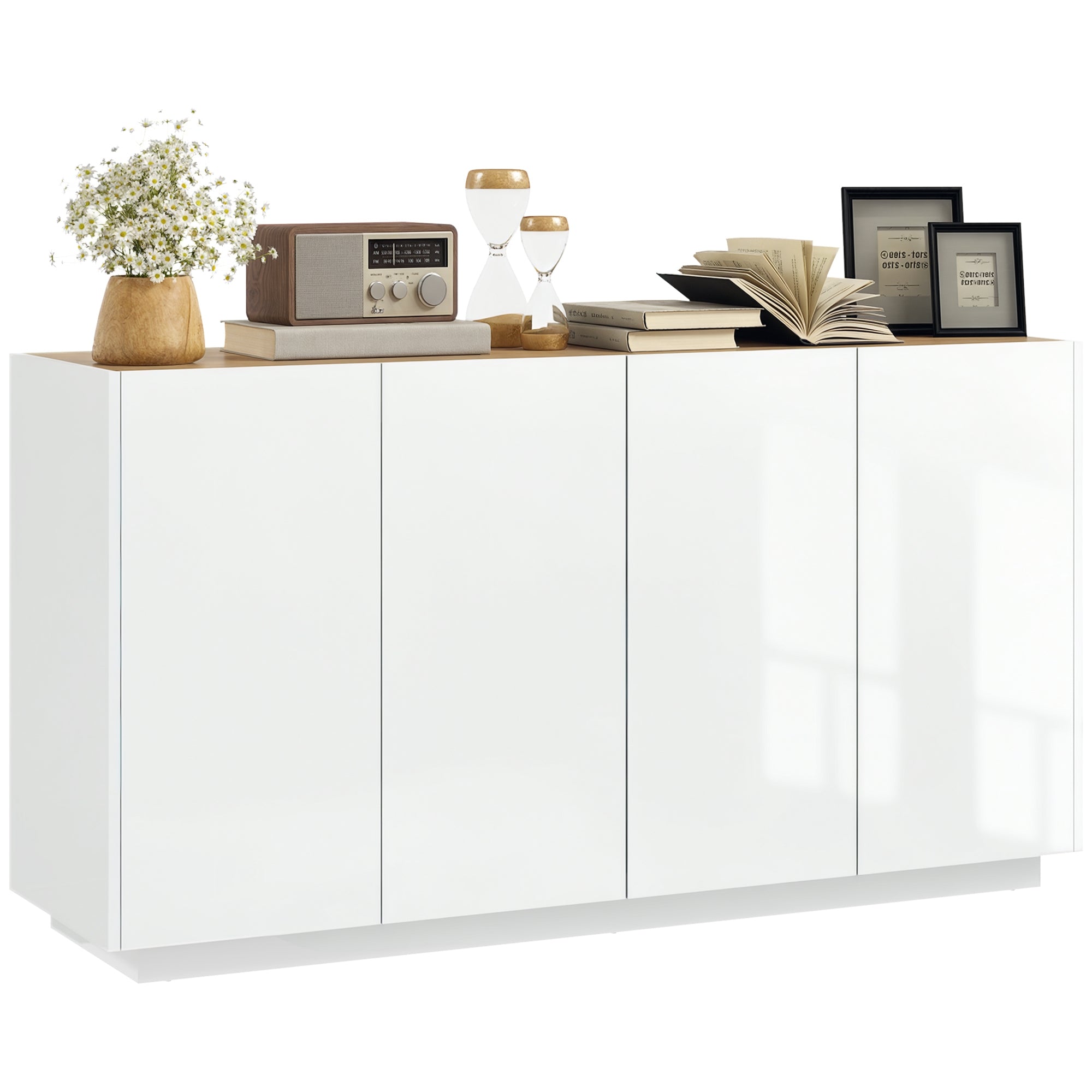 Dining Room Buffet, Kitchen Buffet, with 4 Soft-Close Doors and Adjustable Shelves, 140 x 40 x 75 cm, High Gloss White