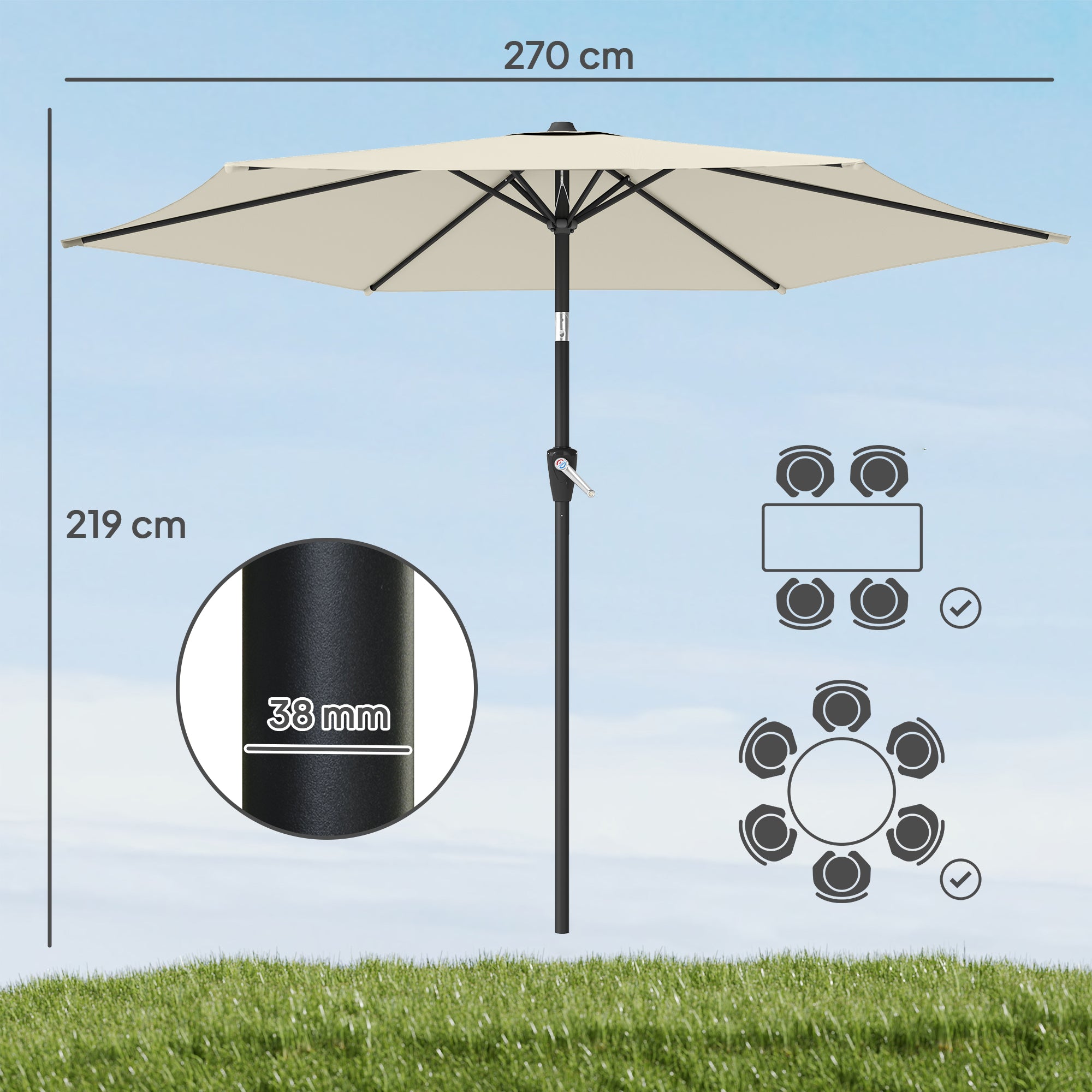 270 cm (106 in) Tiltable Patio Umbrella with Crank, UPF 50+ Garden Parasol — Wind-Resistant, Stable Market Umbrella for Garden, Balcony, Terrace — Cream White