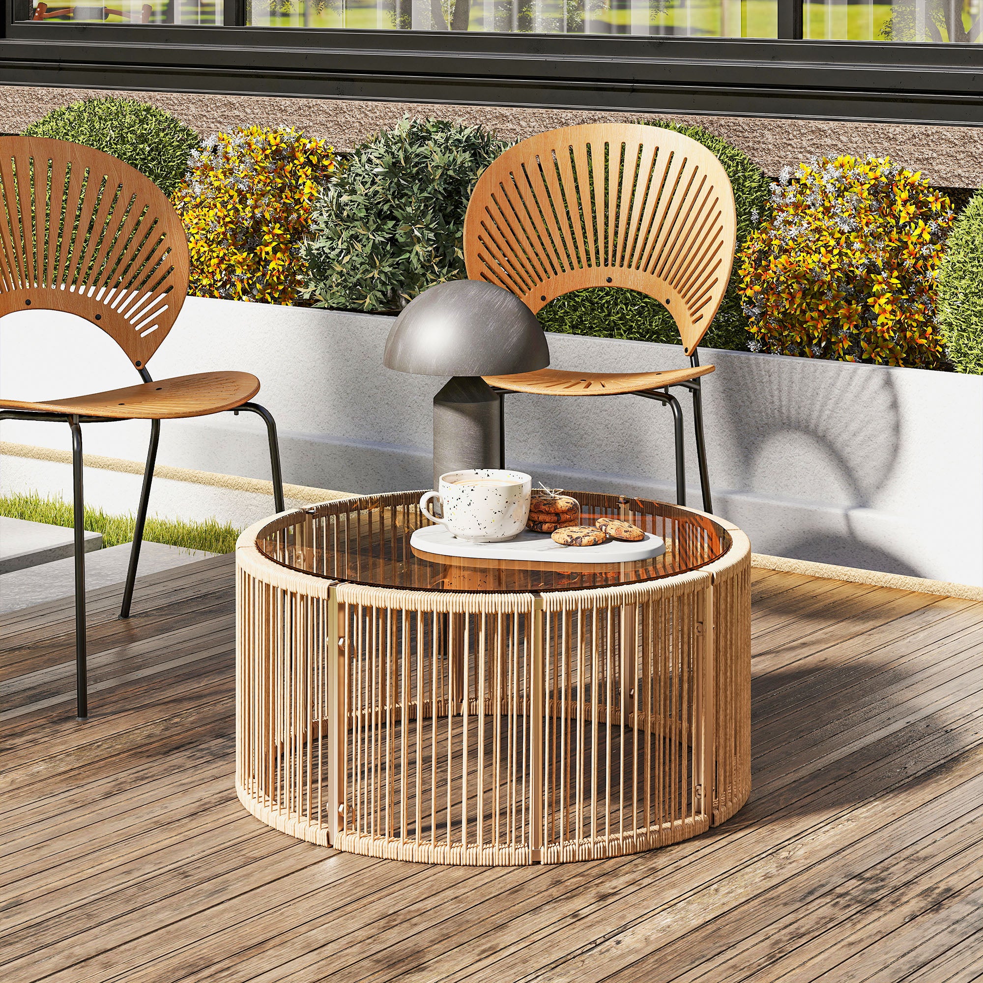 Polyrattan Side Table – Coffee Table with Tempered Glass Top, Powder-Coated Steel Frame for Garden, Terrace, Balcony, 27.6 x 27.6 x 13 in (70 x 70 x 33 cm), Brown