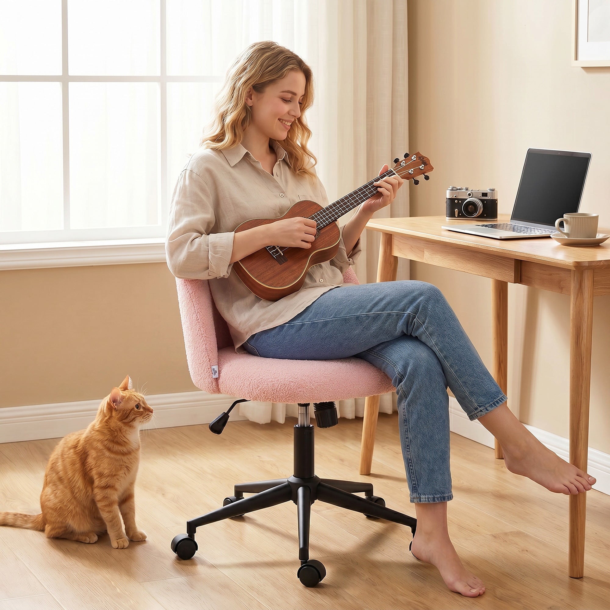 Height-Adjustable Teddy Fleece Office Chair with Swivel Casters & Tilt, Up to 265 lb — Pink Vanity/Desk Chair