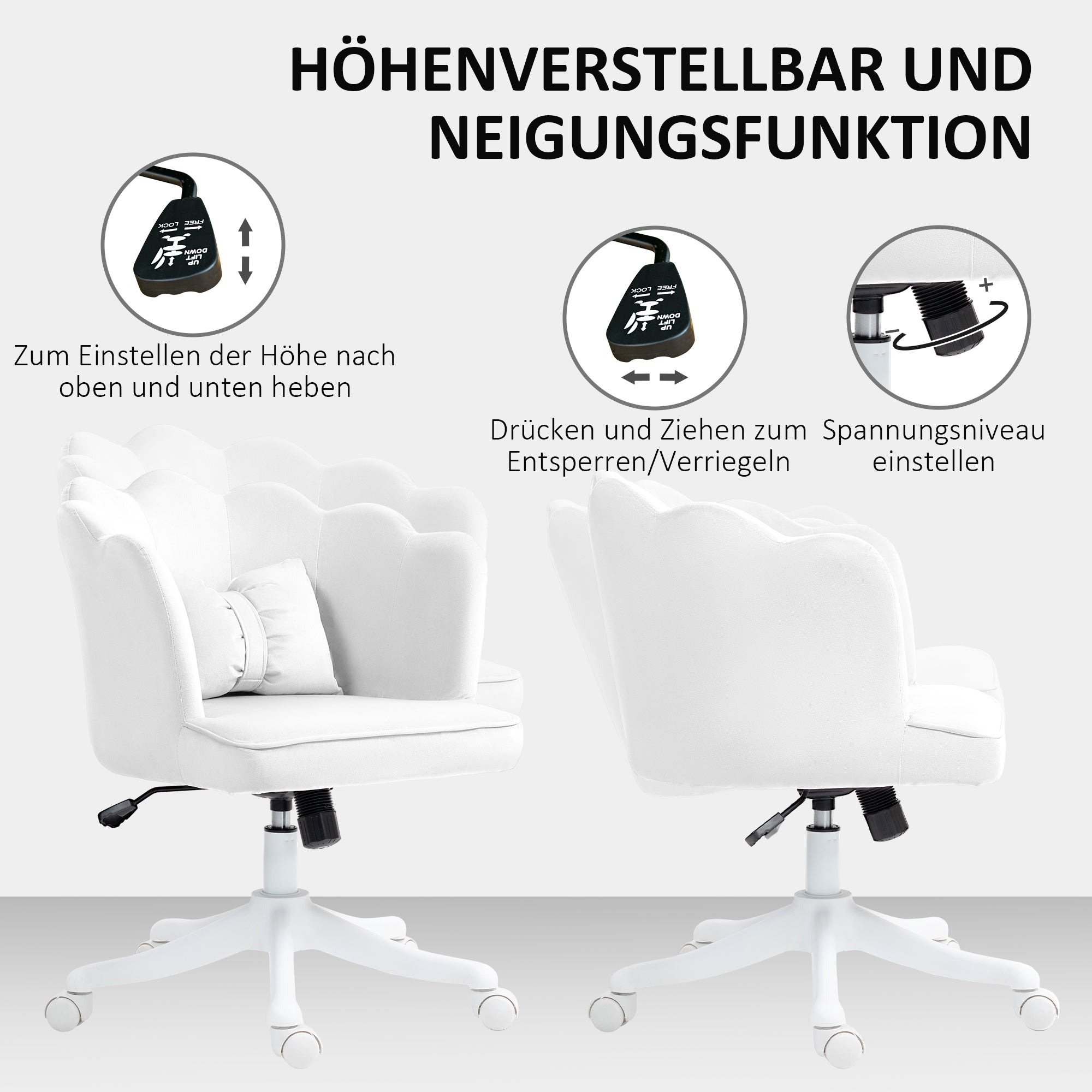 Office Chair Desk Chair with Armrest, Rocking Function, Height Adjustable Cosmetic Chair with Velvet Look, Padded Swivel Chair with Wide Seat for Bedroom, White