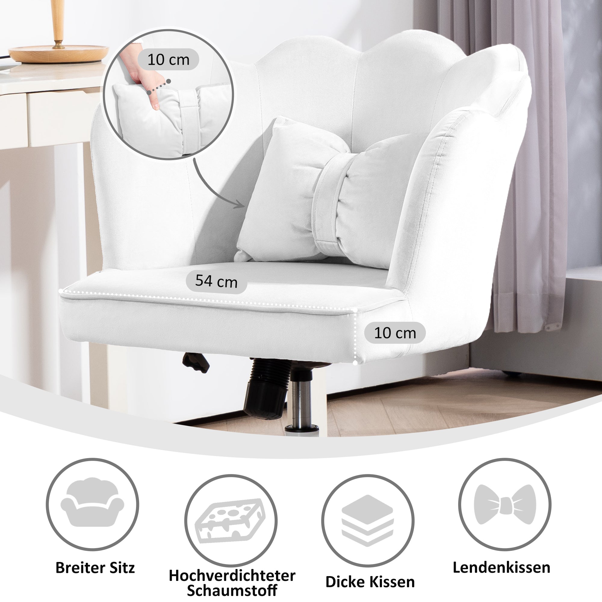Office Chair Desk Chair with Armrest, Rocking Function, Height Adjustable Cosmetic Chair with Velvet Look, Padded Swivel Chair with Wide Seat for Bedroom, White