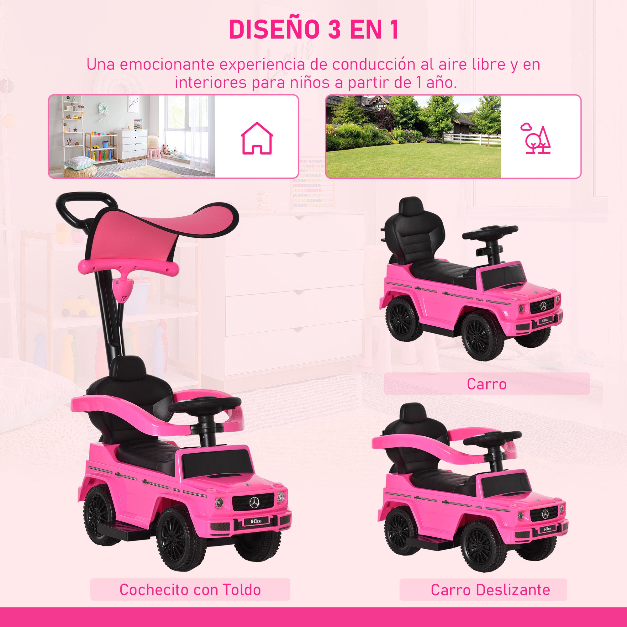 Kids Ride On Toy with Mercedes G350 License Ride On Toy for 1-3 Year Olds with Horn Removable Canopy and Guardrail Load 25 kg 85.5x40.5x95 cm Pink