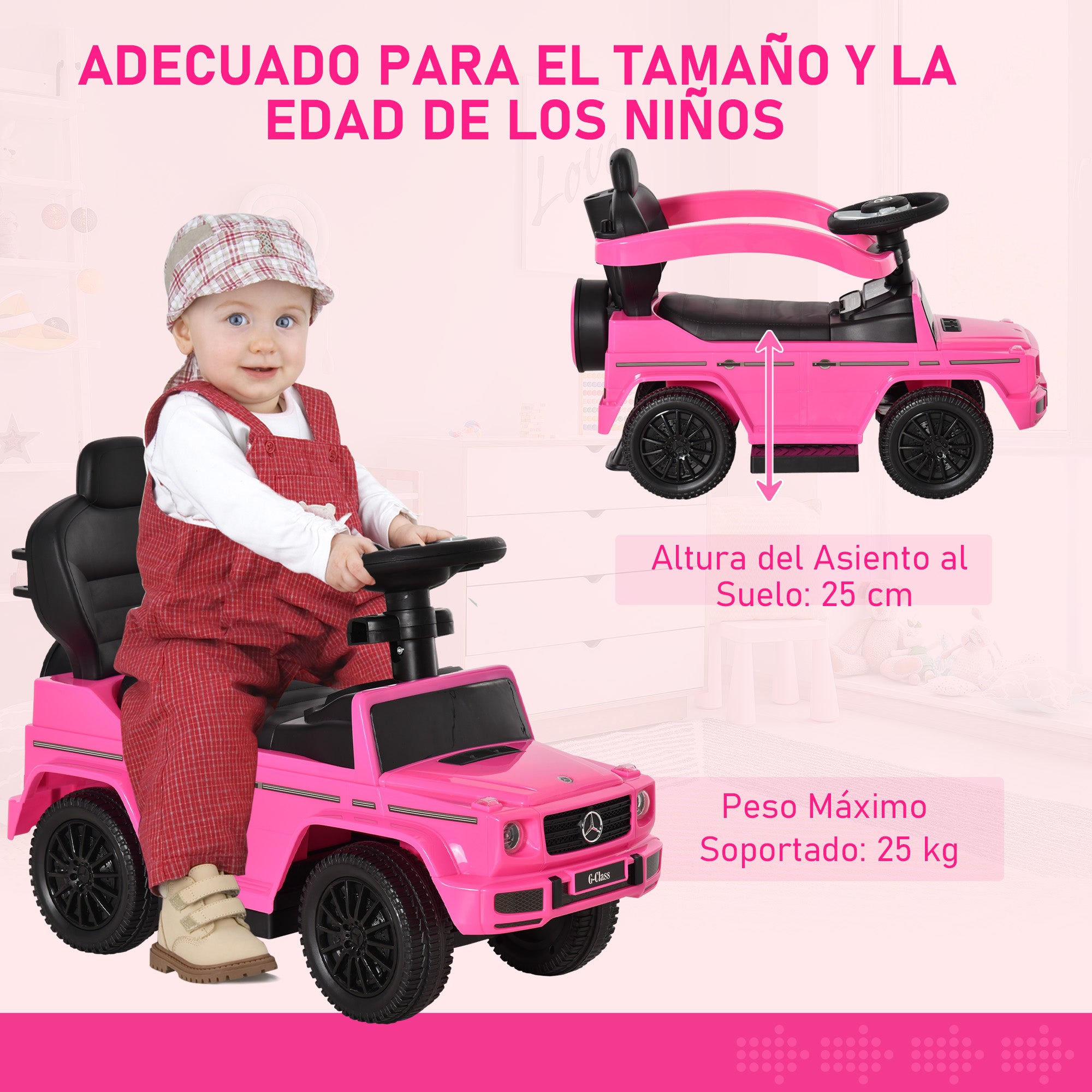 Kids Ride On Toy with Mercedes G350 License Ride On Toy for 1-3 Year Olds with Horn Removable Canopy and Guardrail Load 25 kg 85.5x40.5x95 cm Pink