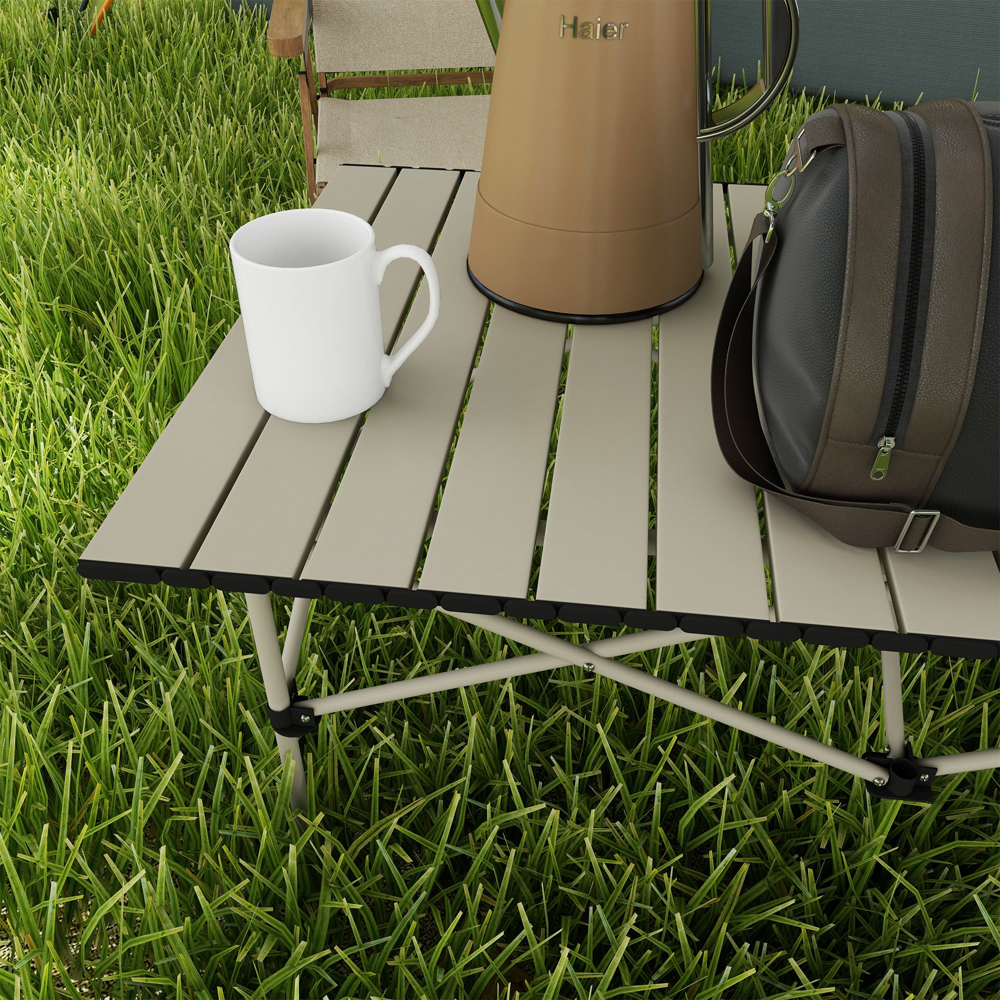 Camping Table Folding Table with Roll-Up Tabletop X-Frame Garden Table Made of Aluminum Lightweight for 2 Persons Side Table Folding Table for Garden Balcony Camping 95 x 55cm Khaki