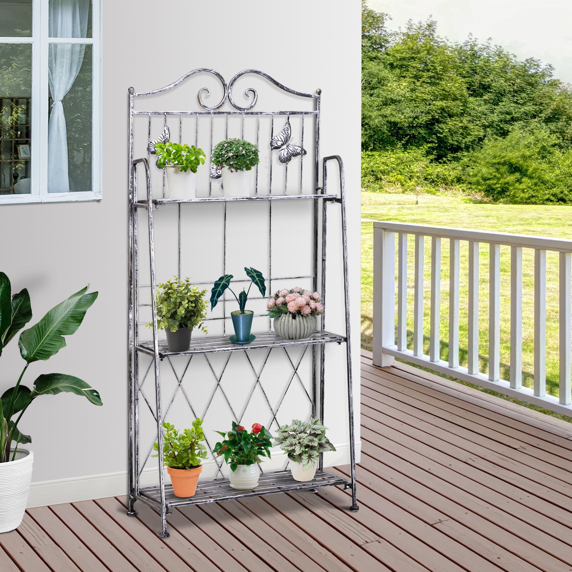 3-Tier Folding Plant Stand Plant Shelf for Outdoor Use like Balcony, Terrace, or Garden Metal Flower Stand Flower Ladder Garden Shelf Silver Gray